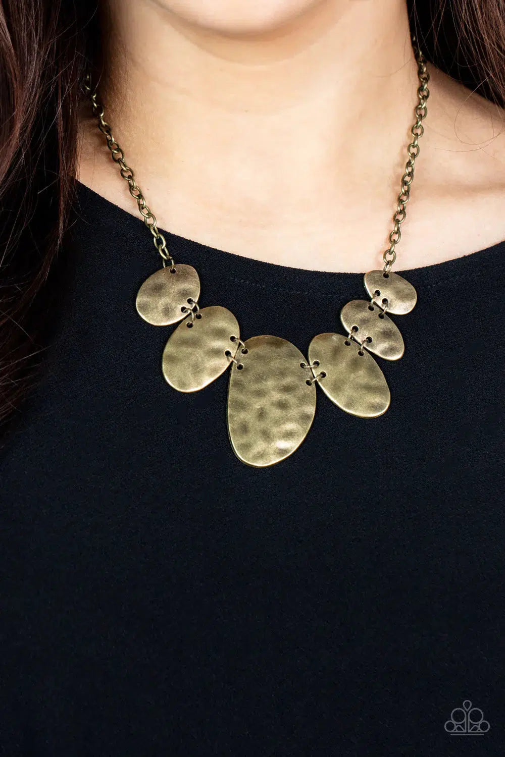 Cave Crawl Brass Necklace - Paparazzi Accessories-on model - CarasShop.com - $5 Jewelry by Cara Jewels