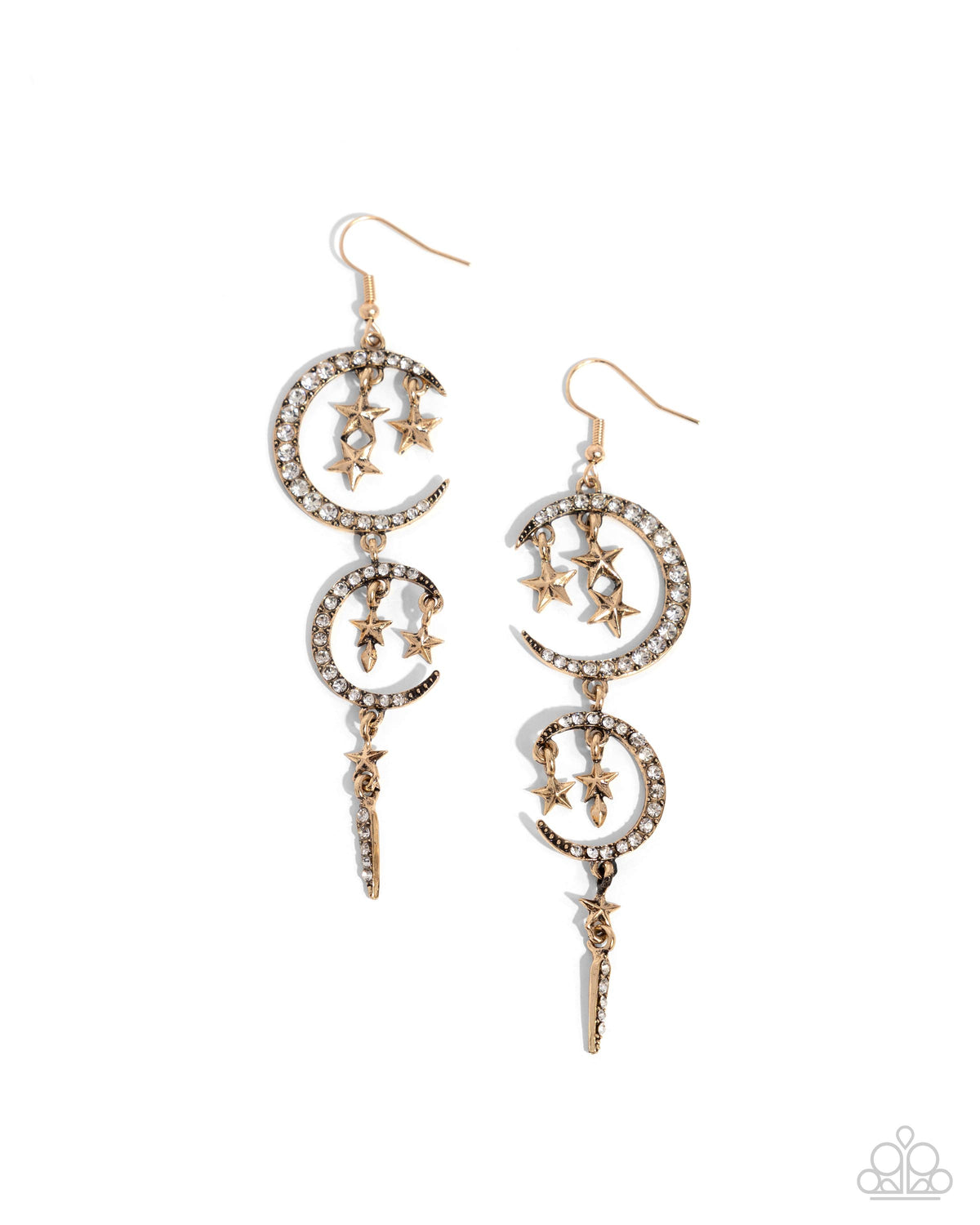 Celestial Cascade Gold &amp; White Rhinestone Moon &amp; Star Earrings - Paparazzi Accessories- lightbox - CarasShop.com - $5 Jewelry by Cara Jewels