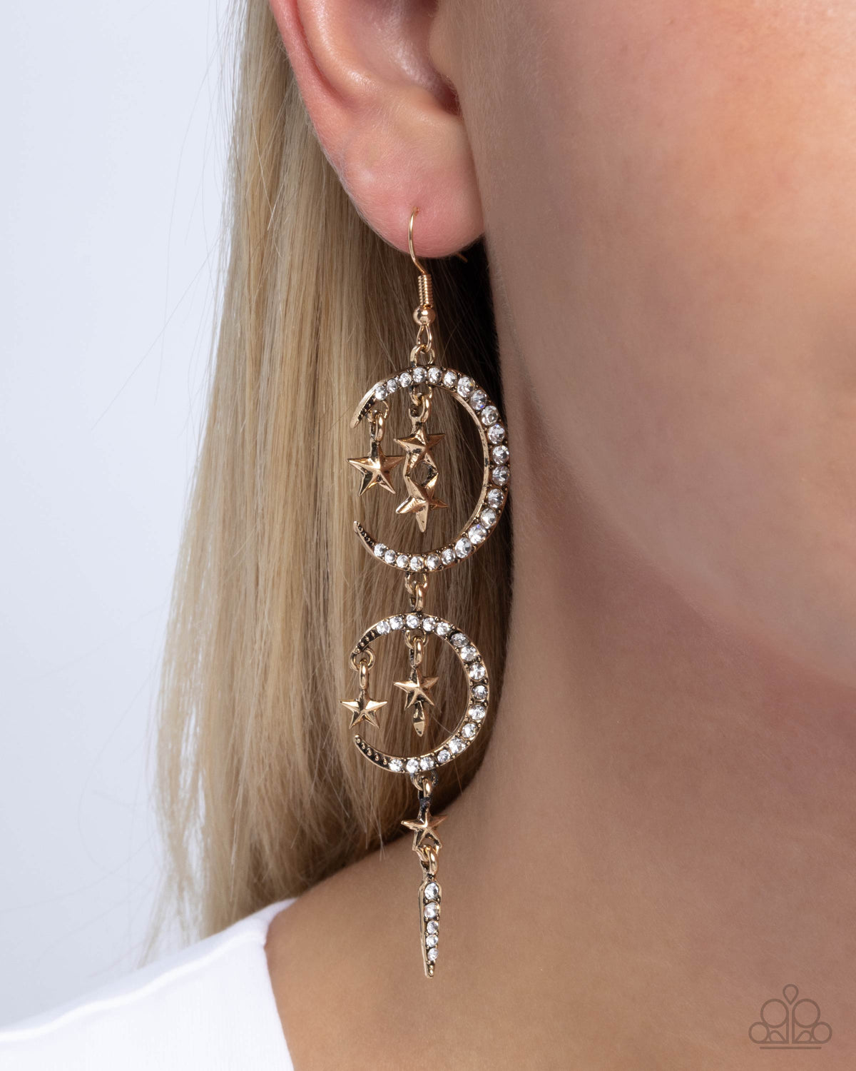 Celestial Cascade Gold &amp; White Rhinestone Moon &amp; Star Earrings - Paparazzi Accessories-on model - CarasShop.com - $5 Jewelry by Cara Jewels