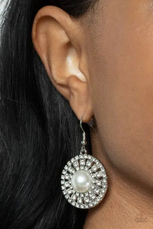 Century Classic White Earrings - Paparazzi Accessories- on model - CarasShop.com - $5 Jewelry by Cara Jewels