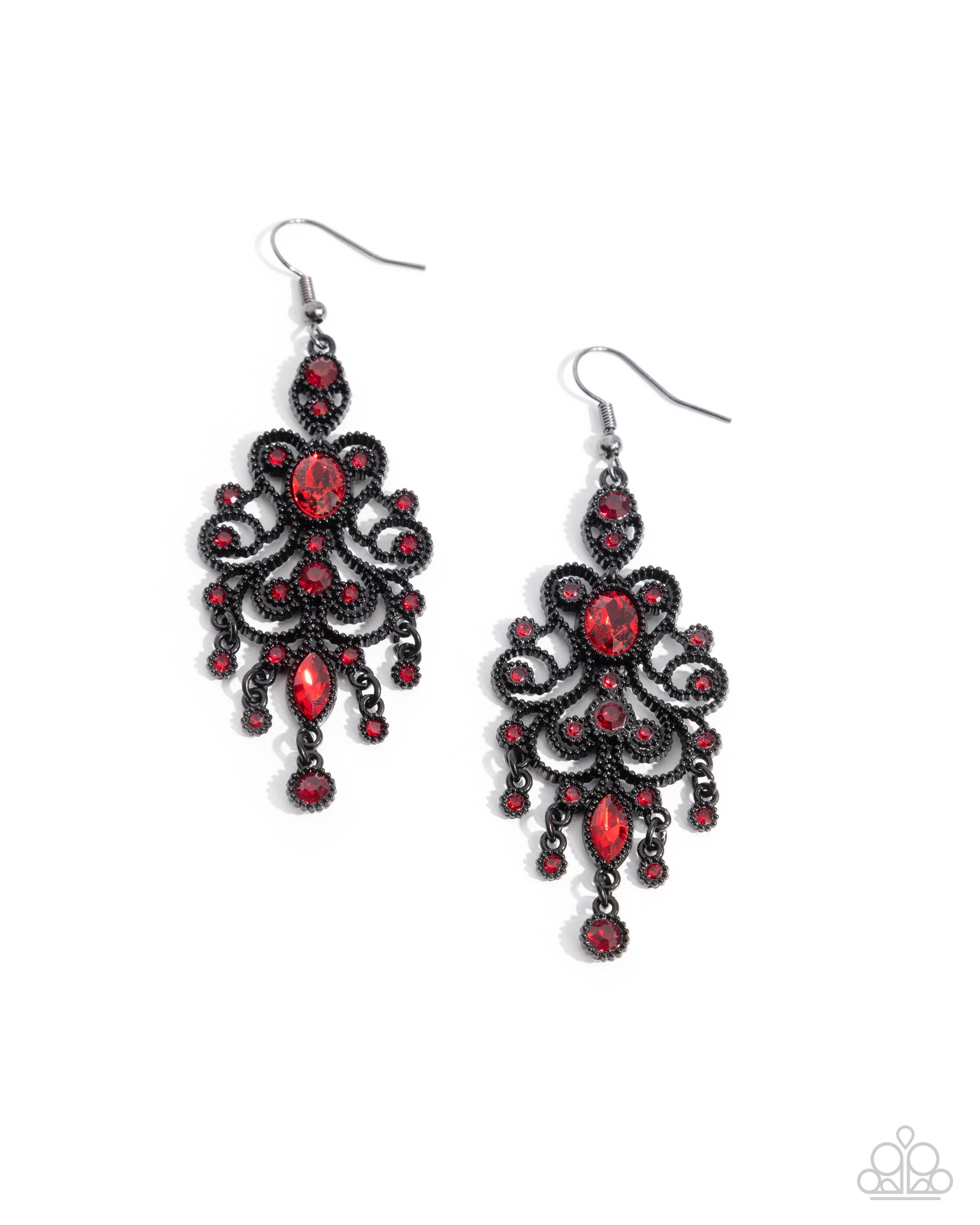 Chandelier Celebration Red Rhinestone Earrings - Paparazzi Accessories- lightbox - CarasShop.com - $5 Jewelry by Cara Jewels