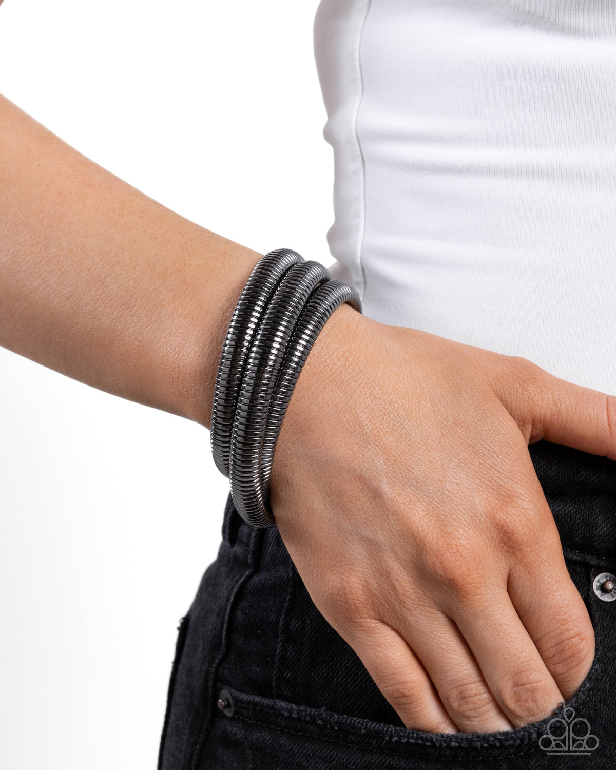 Charismatic Coils Gunmetal Black Bracelet - Paparazzi Accessories-on model - CarasShop.com - $5 Jewelry by Cara Jewels