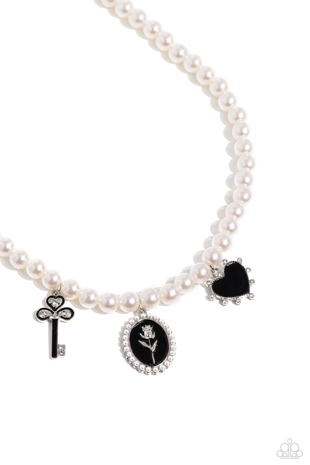 Charming Collision Black Charm &amp; White Pearl Necklace - Paparazzi Accessories- lightbox - CarasShop.com - $5 Jewelry by Cara Jewels