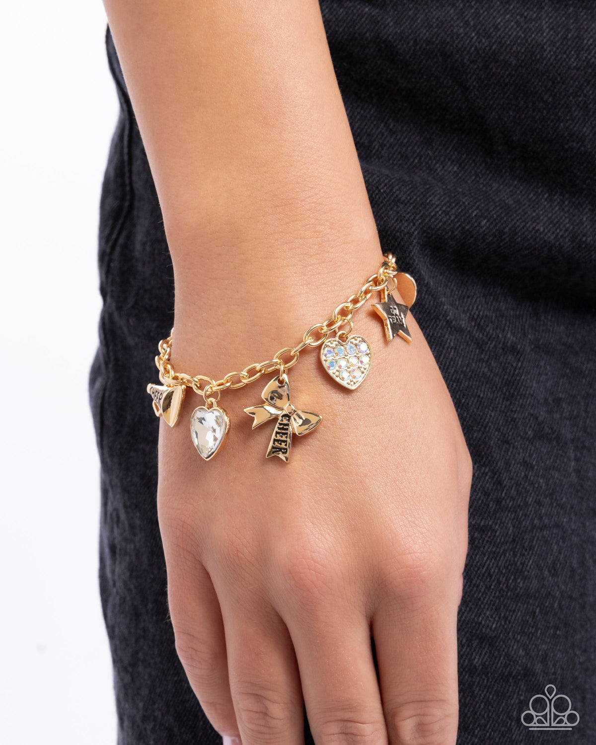 Cheerleading Camp Gold Charm Bracelet - Paparazzi Accessories-on model - CarasShop.com - $5 Jewelry by Cara Jewels