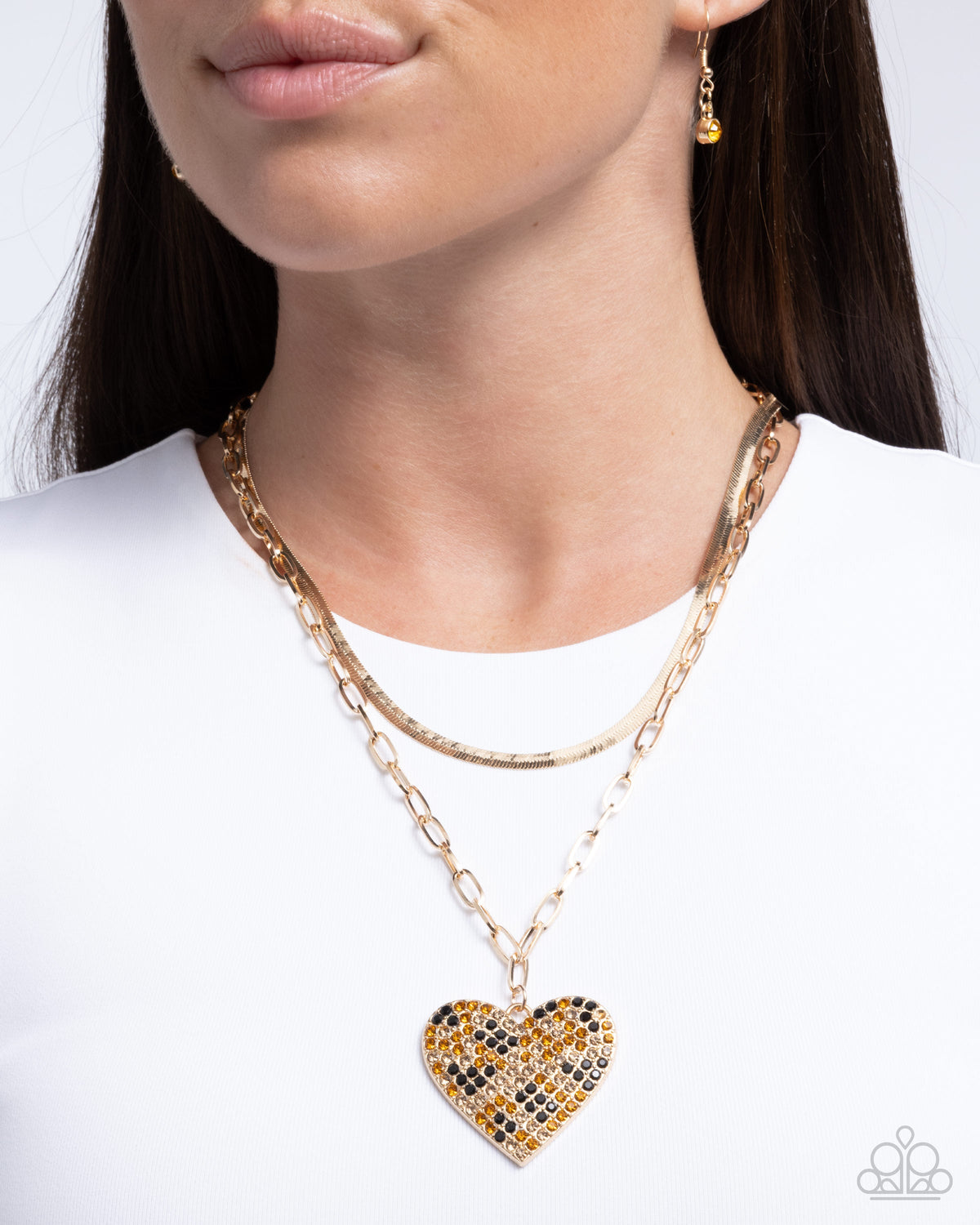 Cheetah Class Brown &amp; Gold Heart Necklace - Paparazzi Accessories-on model - CarasShop.com - $5 Jewelry by Cara Jewels