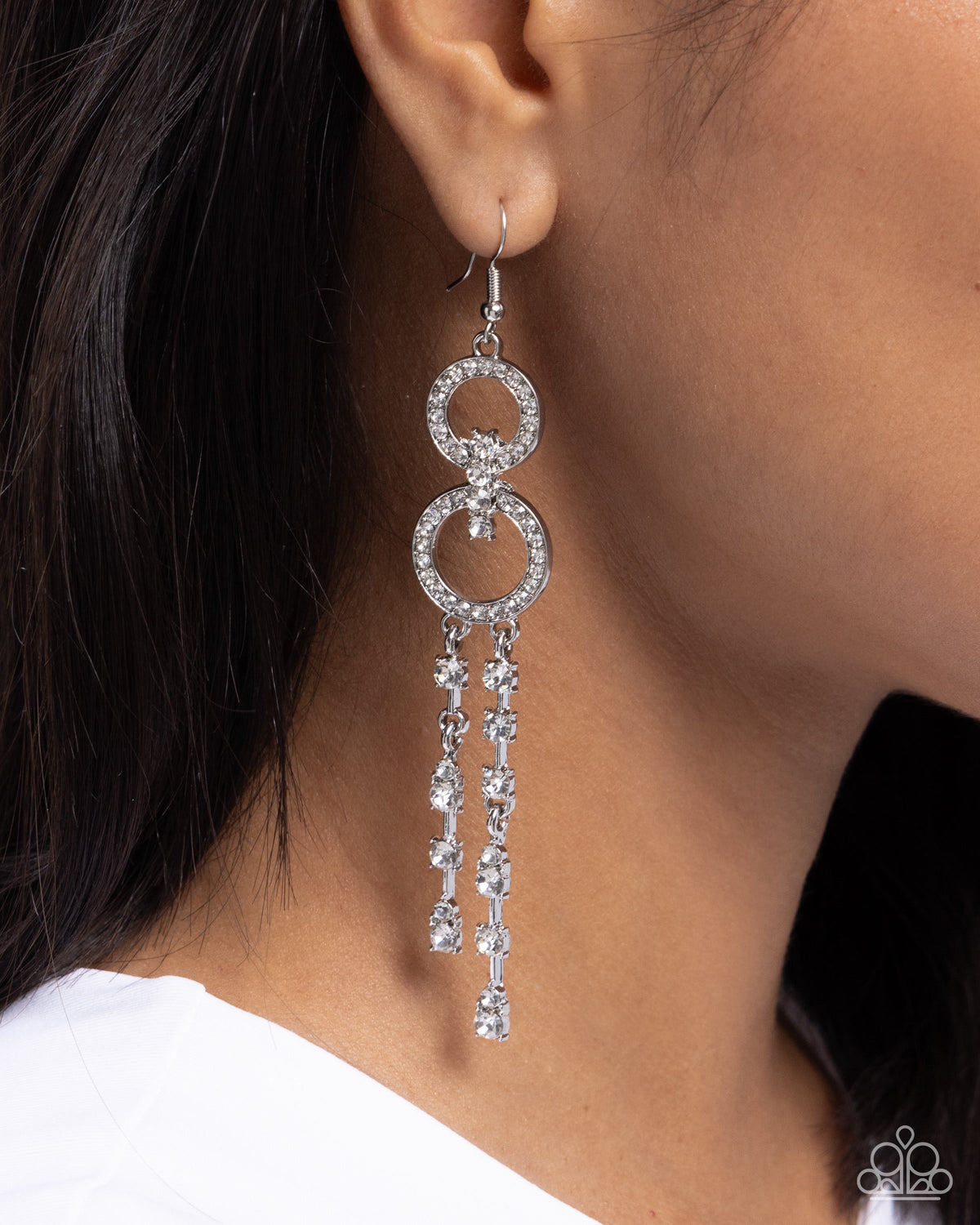 Chic Crowd White Rhinestone Earrings - Paparazzi Accessories-on model - CarasShop.com - $5 Jewelry by Cara Jewels