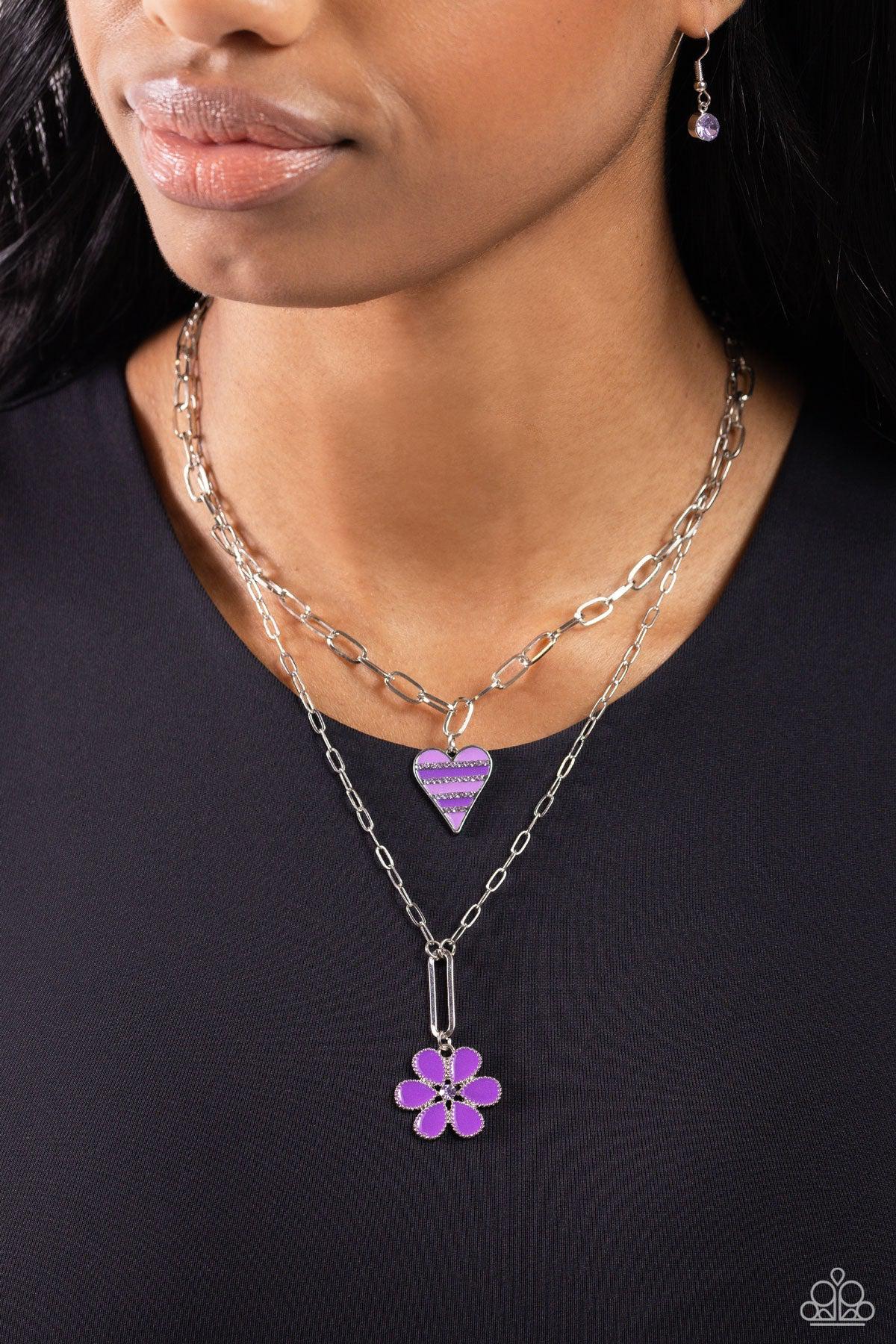 Childhood Charms Purple Heart &amp; Flower Necklace - Paparazzi Accessories-on model - CarasShop.com - $5 Jewelry by Cara Jewels