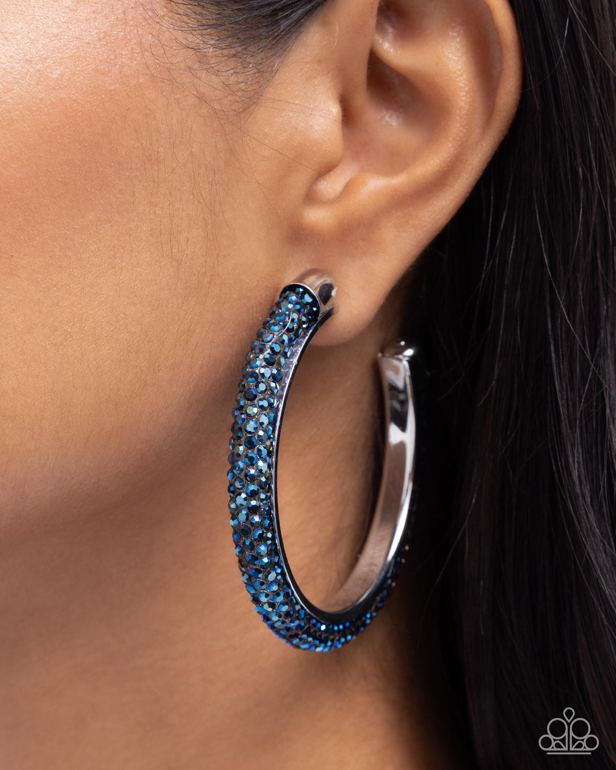 Chiseled Crescendo Blue Rhinestone Hoop Earrings - Paparazzi Accessories-on model - CarasShop.com - $5 Jewelry by Cara Jewels