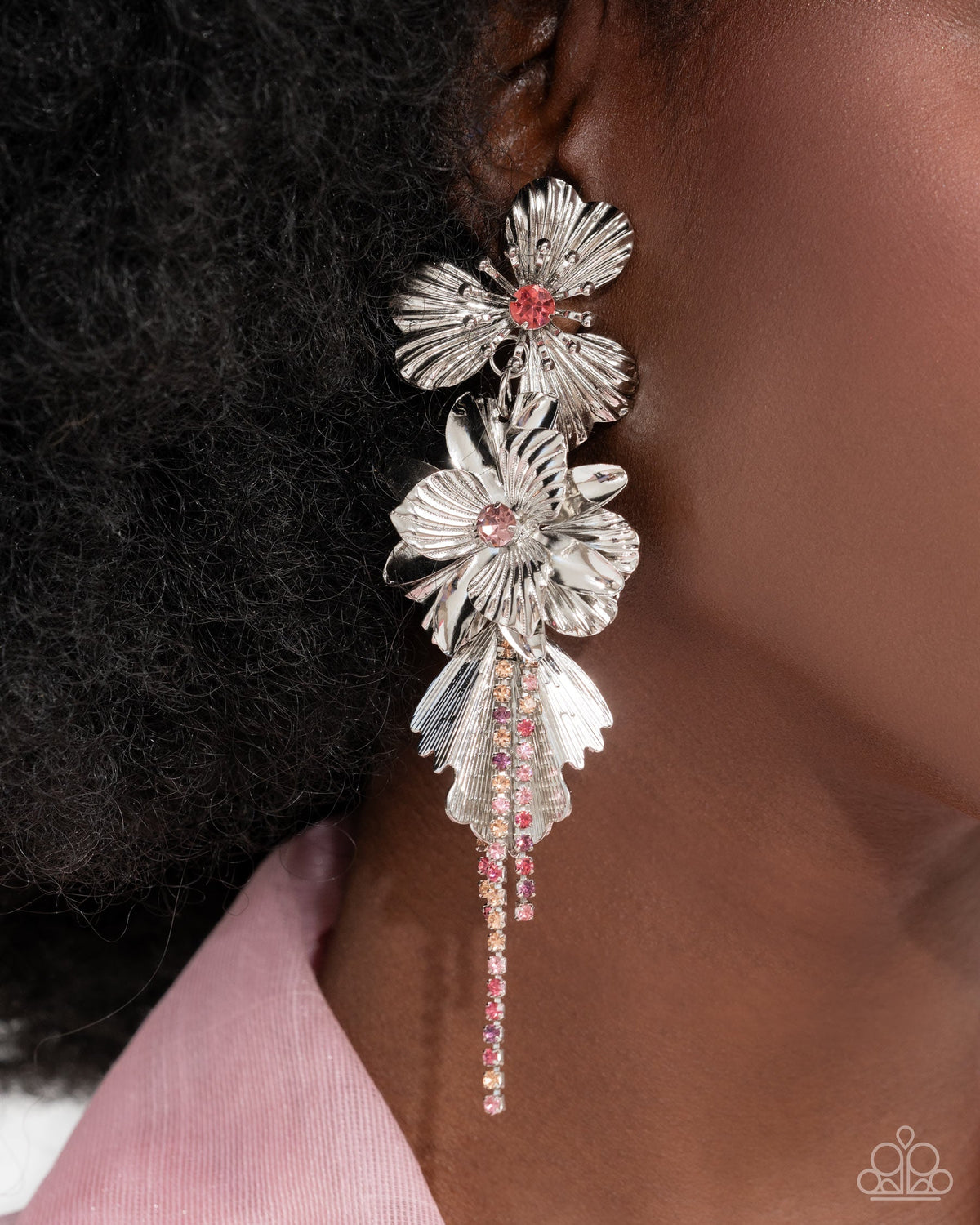 Classical Cadenza Multi Pink &amp; Silver Floral Post Earrings - Paparazzi Accessories-on model - CarasShop.com - $5 Jewelry by Cara Jewels