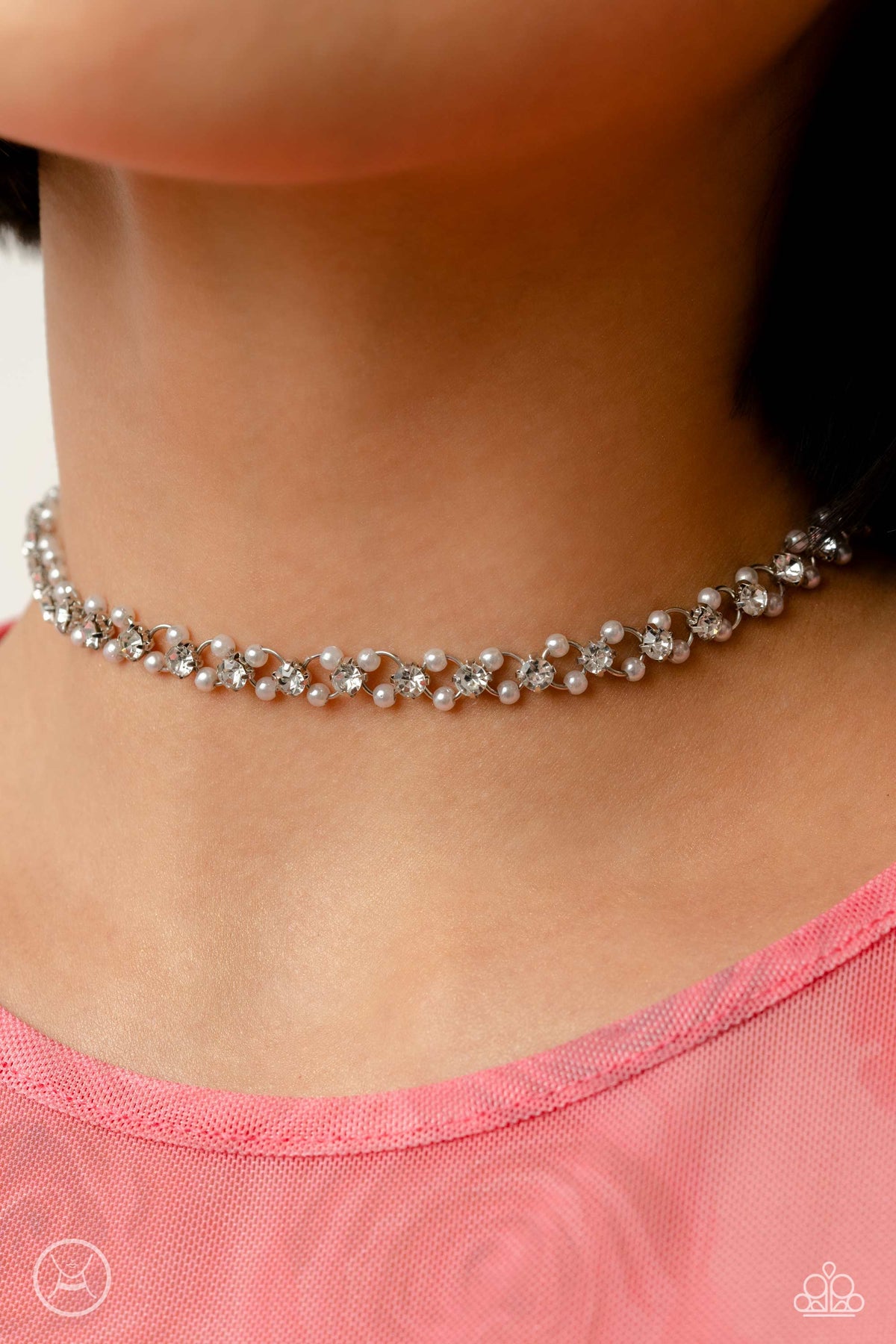 Classy Couture White Pearl Choker Necklace - Paparazzi Accessories-on model - CarasShop.com - $5 Jewelry by Cara Jewels