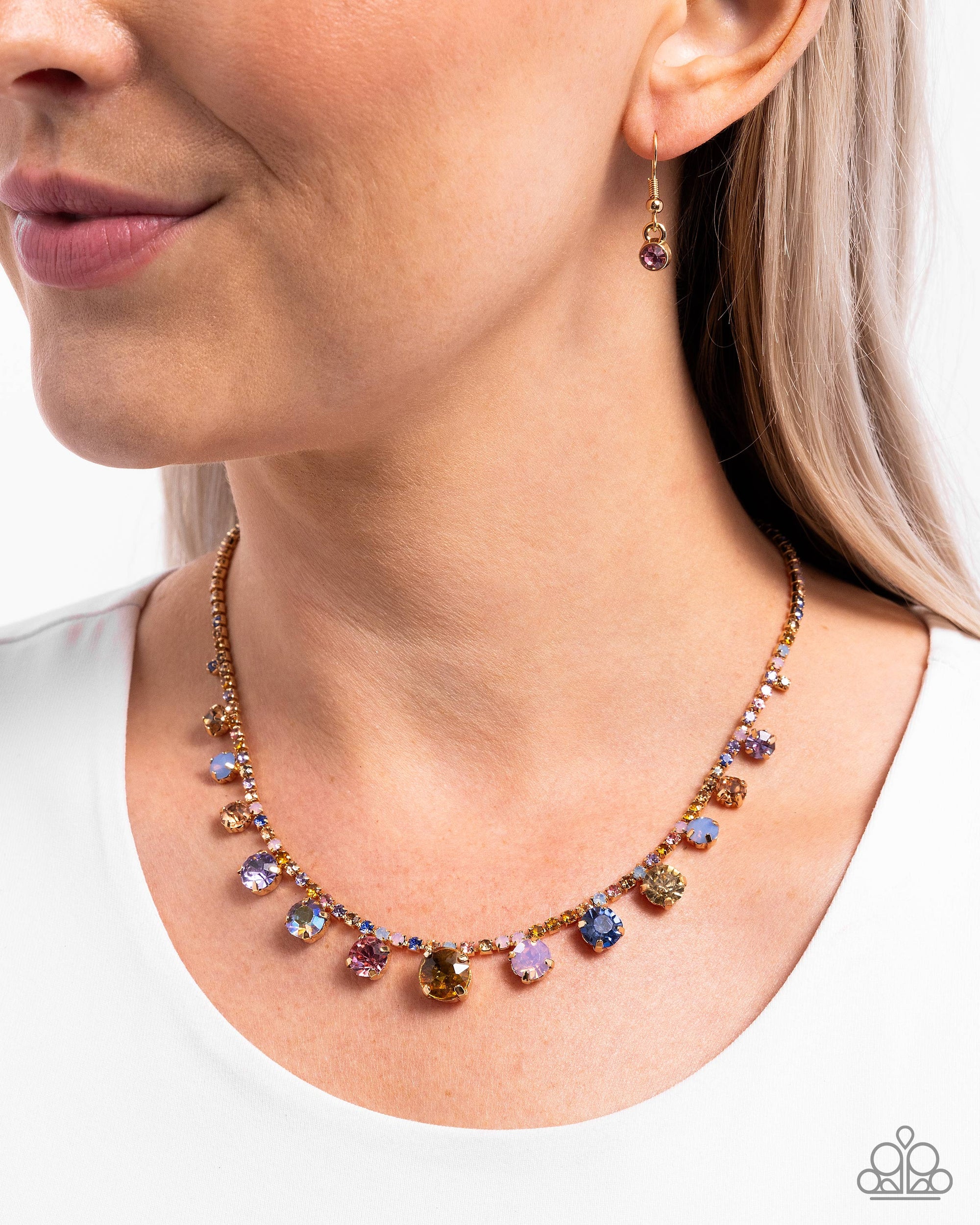 Colorful Countess Multi Rhinestone Gold Necklace - Paparazzi Accessories- lightbox - CarasShop.com - $5 Jewelry by Cara Jewels