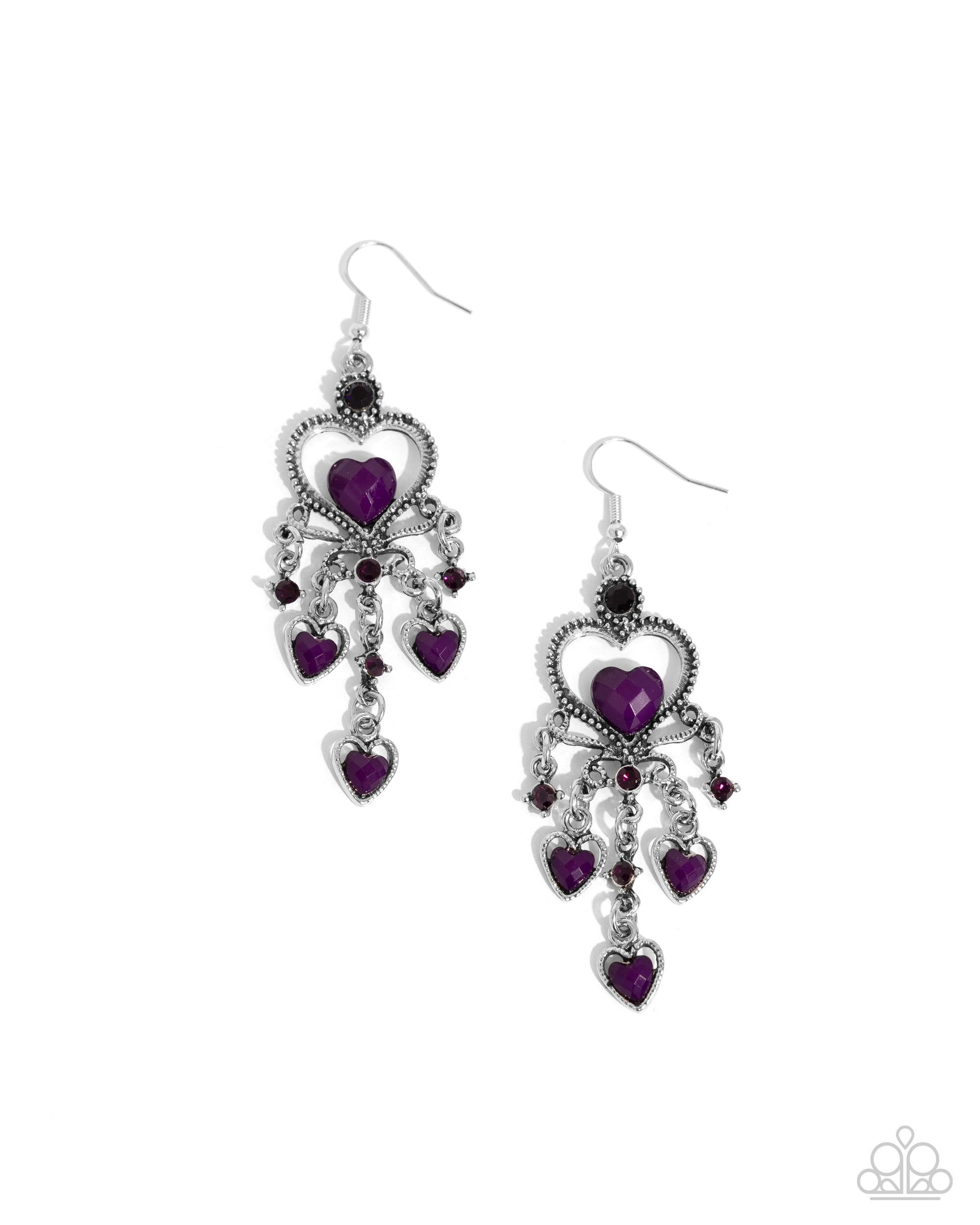 Compassionate Chandelier Purple Rhinestone Heart Earrings - Paparazzi Accessories- lightbox - CarasShop.com - $5 Jewelry by Cara Jewels