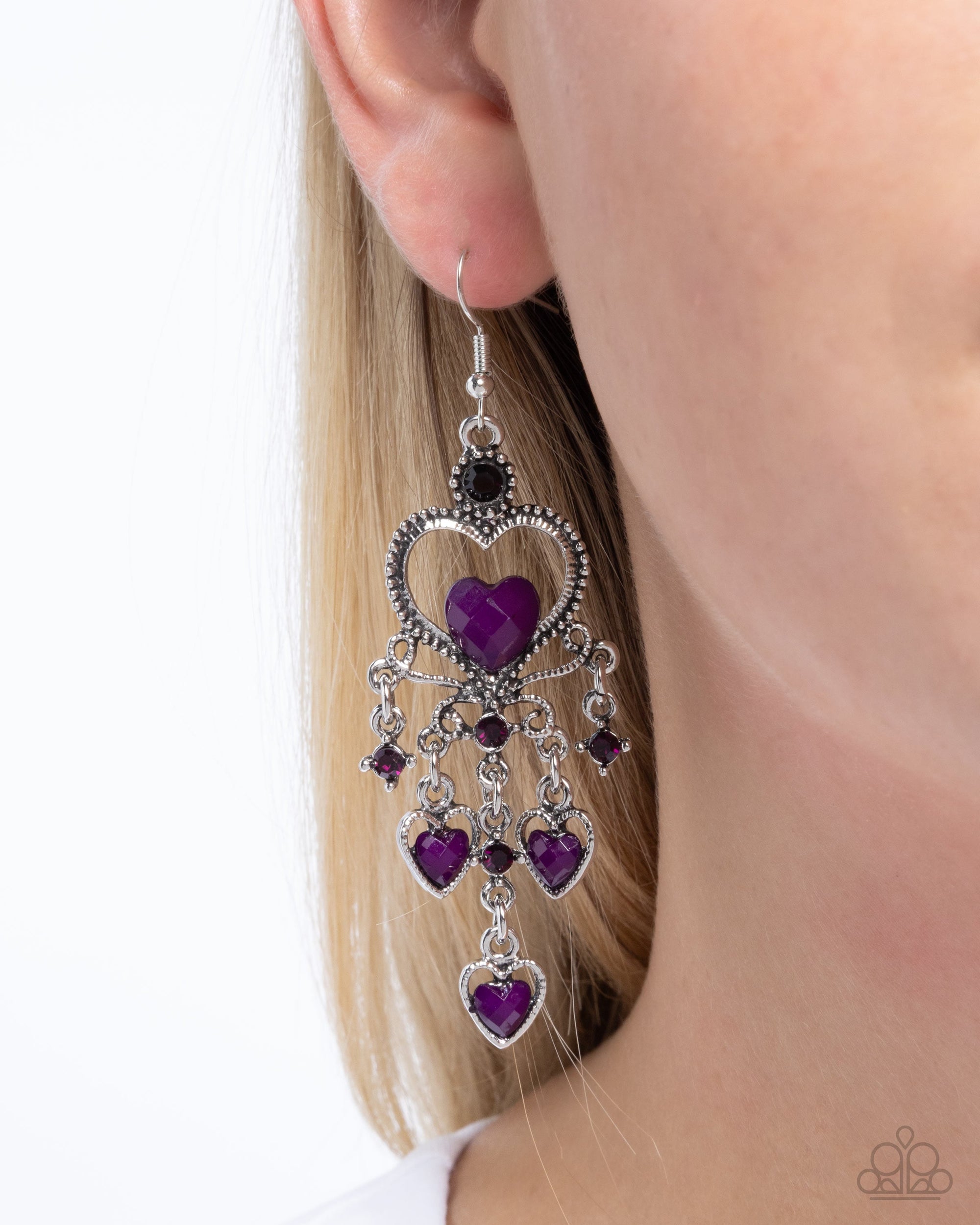 Compassionate Chandelier Purple Rhinestone Heart Earrings - Paparazzi Accessories- lightbox - CarasShop.com - $5 Jewelry by Cara Jewels