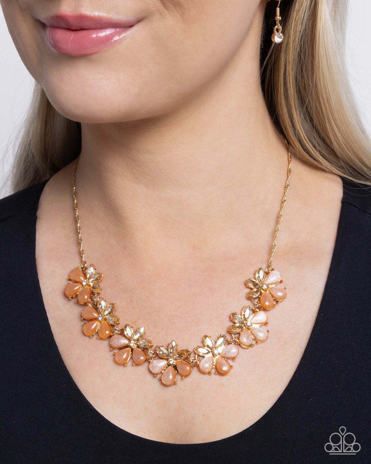 Consistent Chic Orange Floral Necklace - Paparazzi Accessories-on model - CarasShop.com - $5 Jewelry by Cara Jewels