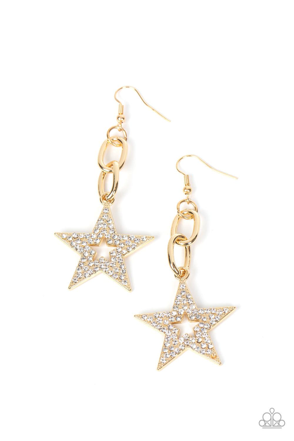 Cosmic Celebrity Gold &amp; White Rhinestone Star Earrings - Paparazzi Accessories- lightbox - CarasShop.com - $5 Jewelry by Cara Jewels