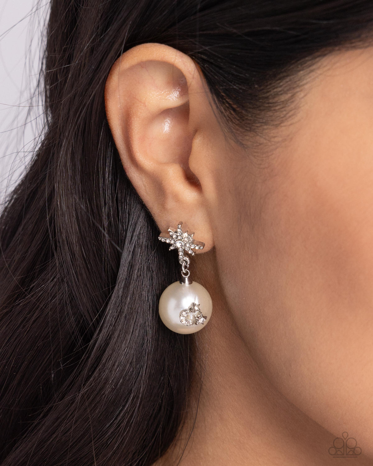 Cosmic Character White Pearl &amp; Rhinestone Post Earrings - Paparazzi Accessories-on model - CarasShop.com - $5 Jewelry by Cara Jewels