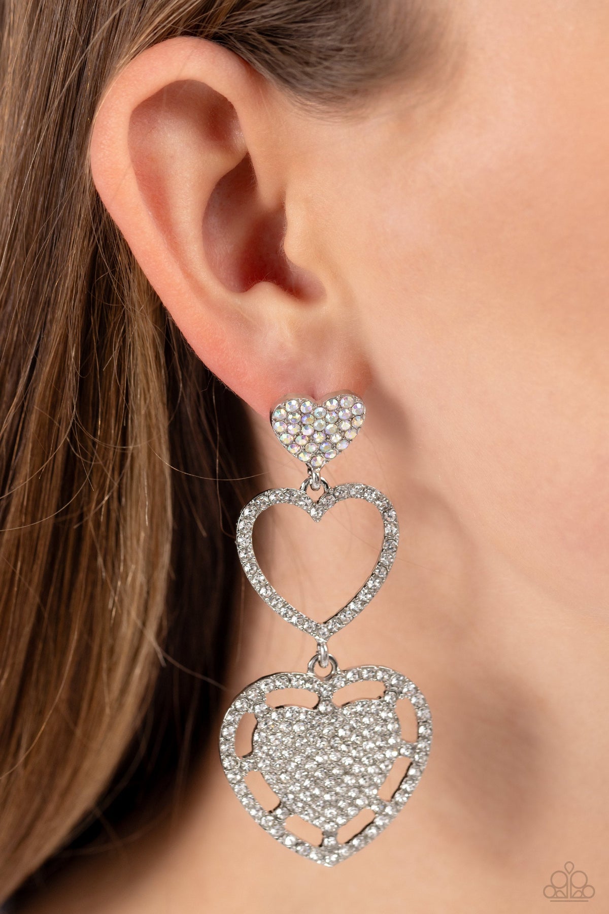 Couples Celebration White Rhinestone Heart Earrings - Paparazzi Accessories-on model - CarasShop.com - $5 Jewelry by Cara Jewels