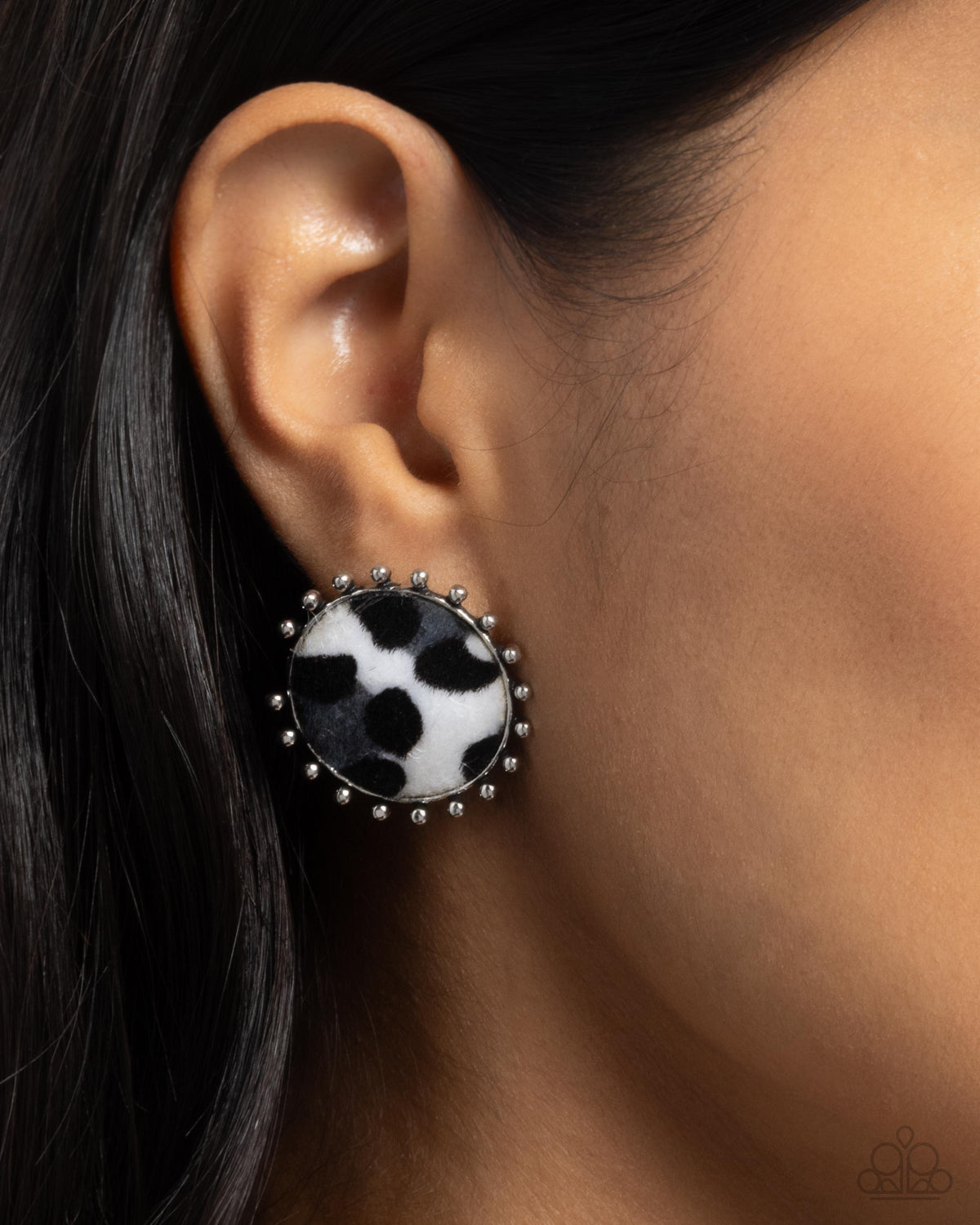 Cowhide Couture Black &amp; White Post Earrings - Paparazzi Accessories-on model - CarasShop.com - $5 Jewelry by Cara Jewels