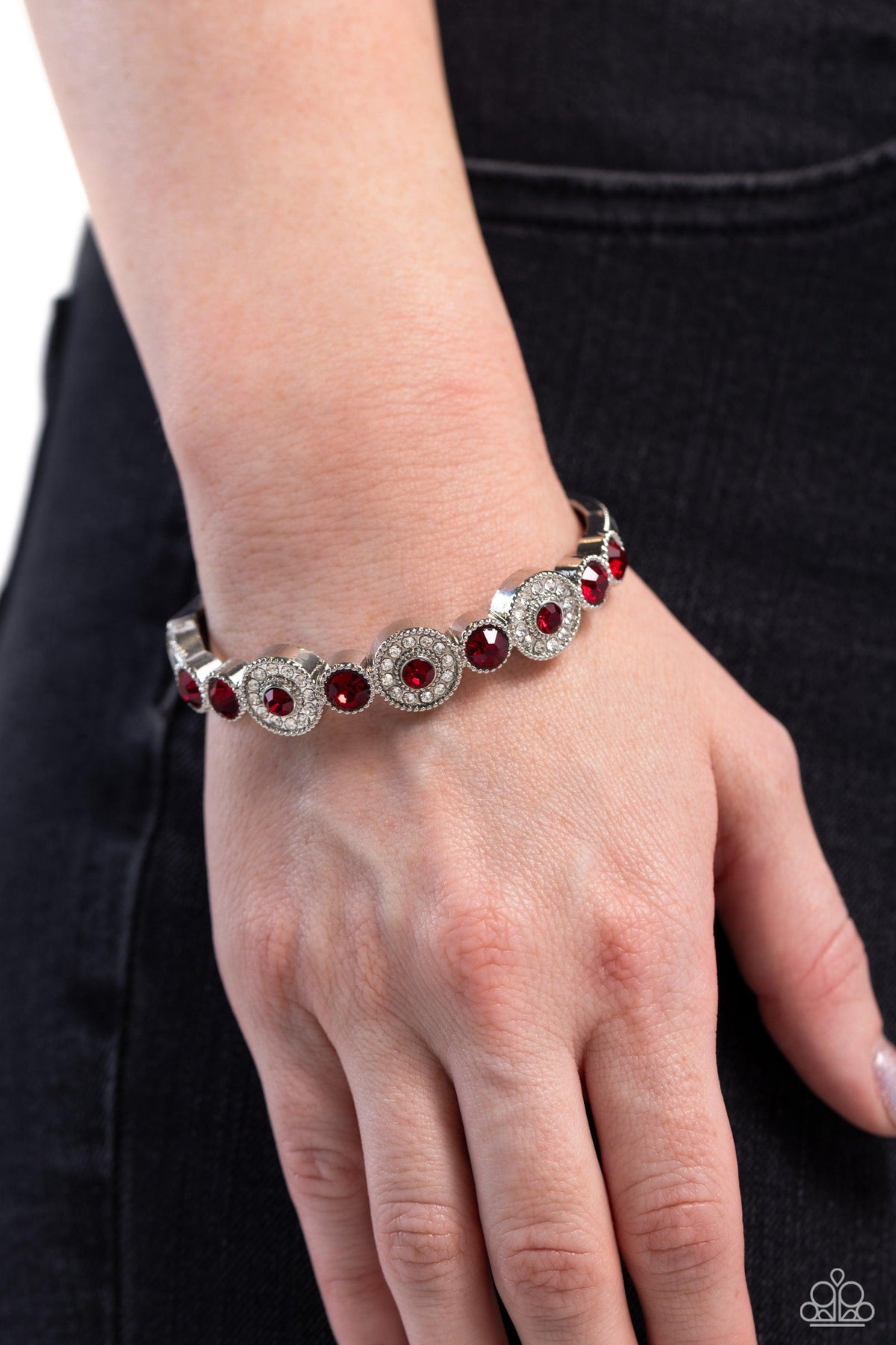 Crowns Only Club Red Rhinestone Bracelet - Paparazzi Accessories-on model - CarasShop.com - $5 Jewelry by Cara Jewels