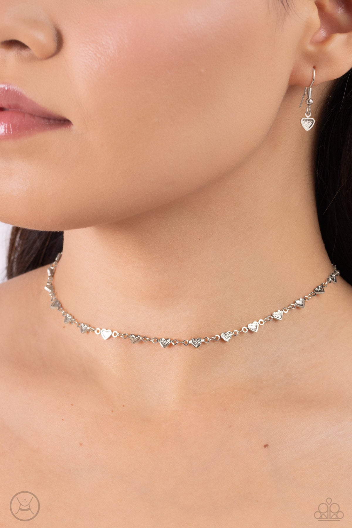 Cupid Catwalk Silver Heart Choker Necklace - Paparazzi Accessories-on model - CarasShop.com - $5 Jewelry by Cara Jewels