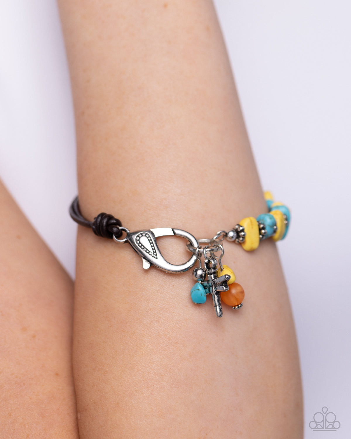 Daring Dragonfly Yellow Stone &amp; Leather Urban Bracelet - Paparazzi Accessories-on model - CarasShop.com - $5 Jewelry by Cara Jewels