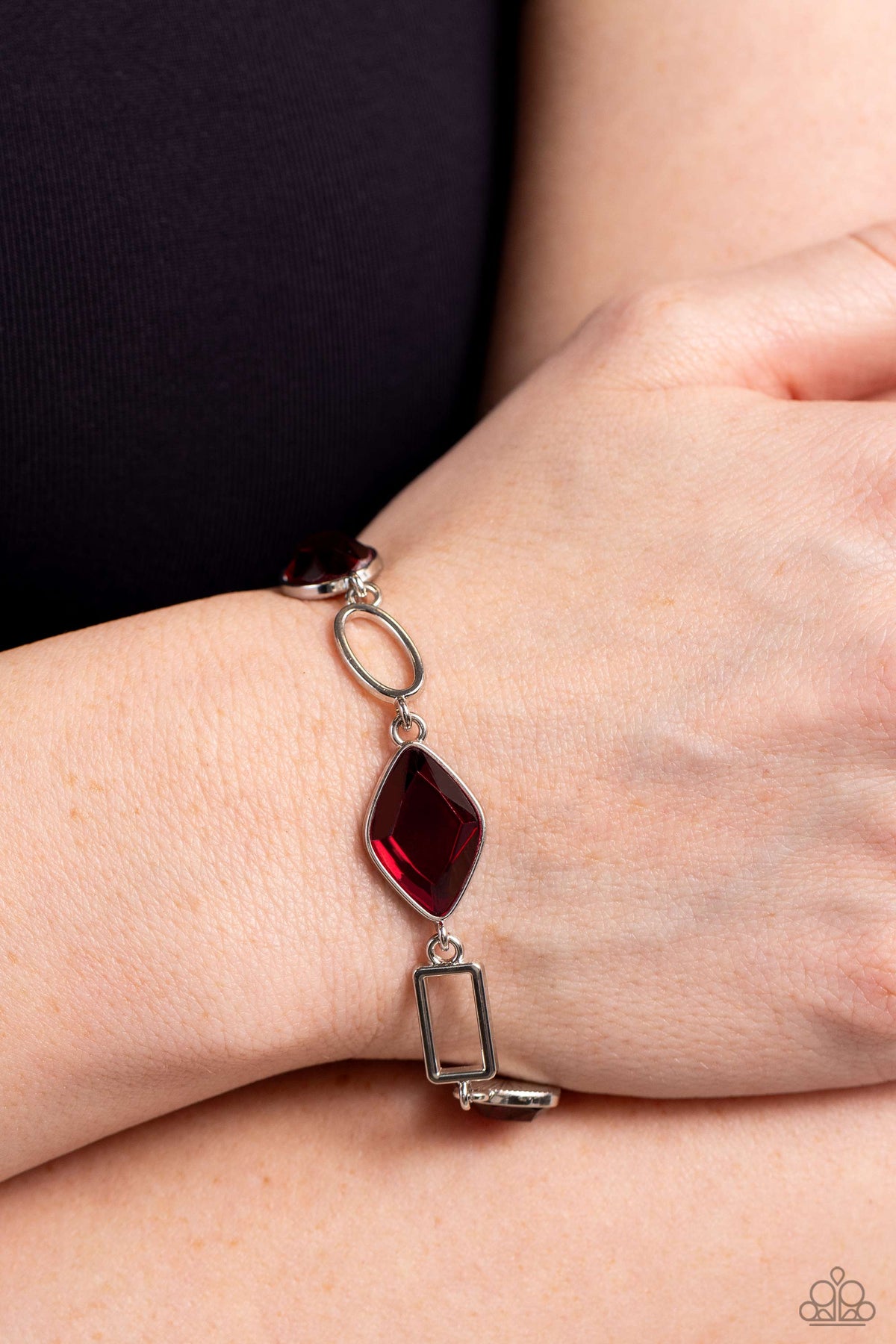 Dazzle for Days Red Rhinestone Bracelet - Paparazzi Accessories-on model - CarasShop.com - $5 Jewelry by Cara Jewels