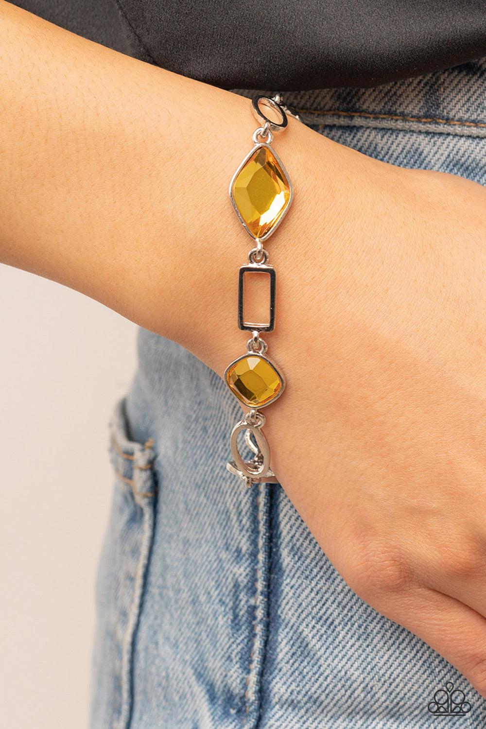 Dazzle for Days Yellow Rhinestone Bracelet - Paparazzi Accessories-on model - CarasShop.com - $5 Jewelry by Cara Jewels