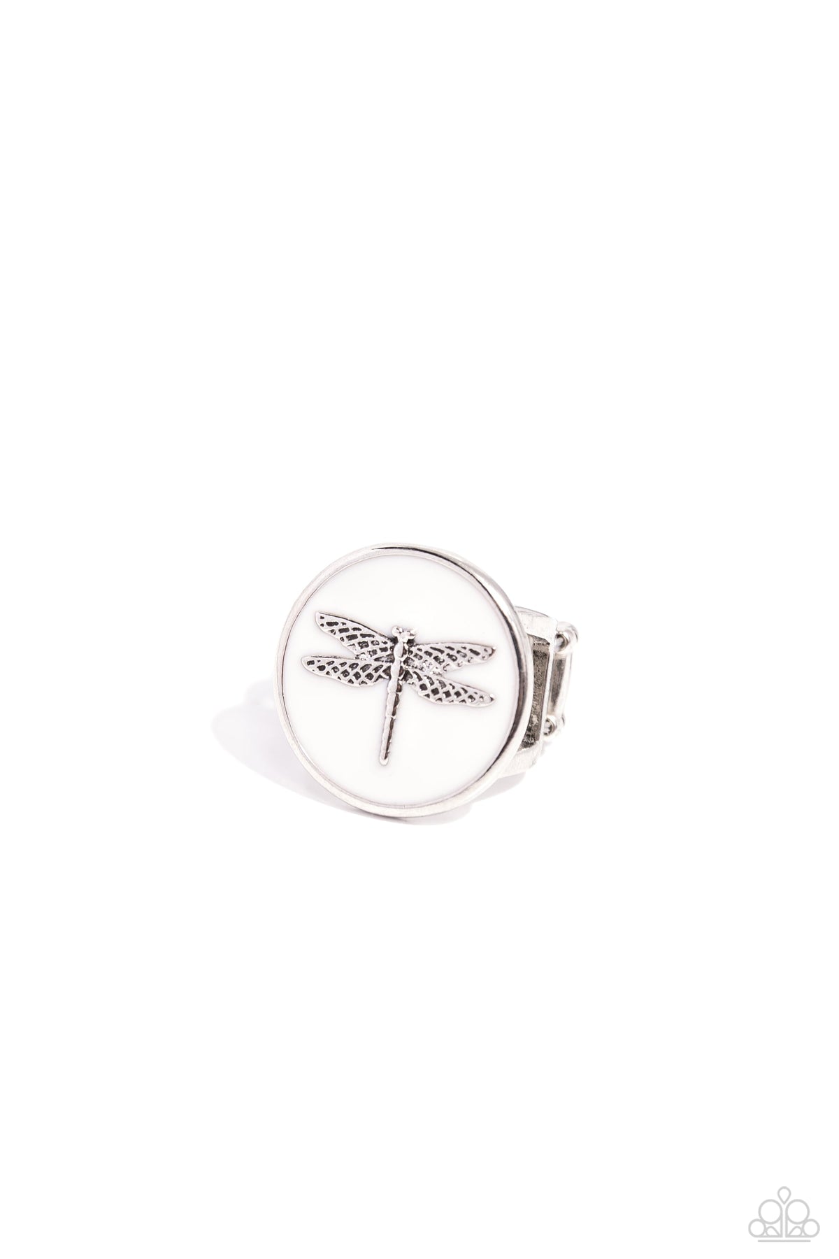 Debonair Dragonfly White Ring - Paparazzi Accessories- lightbox - CarasShop.com - $5 Jewelry by Cara Jewels