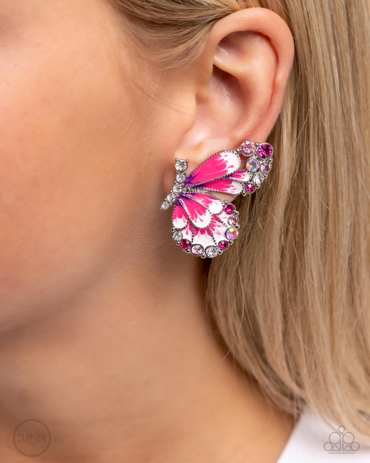 Decadent Descent Pink Butterfly Clip-on Earrings - Paparazzi Accessories-on model - CarasShop.com - $5 Jewelry by Cara Jewels