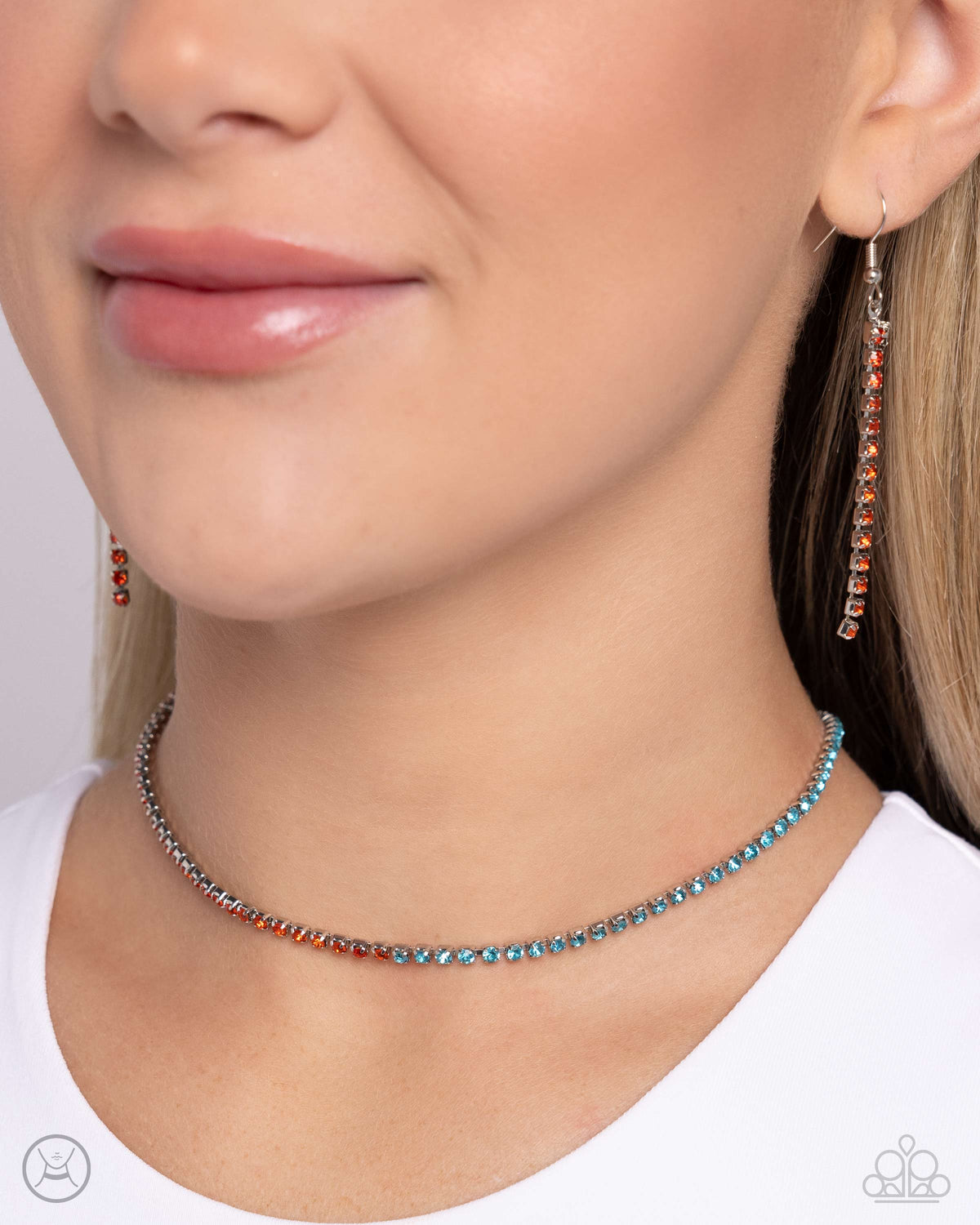 Dedicated Duo Orange &amp; Blue Rhinestone Choker Necklace - Paparazzi Accessories-on model - CarasShop.com - $5 Jewelry by Cara Jewels