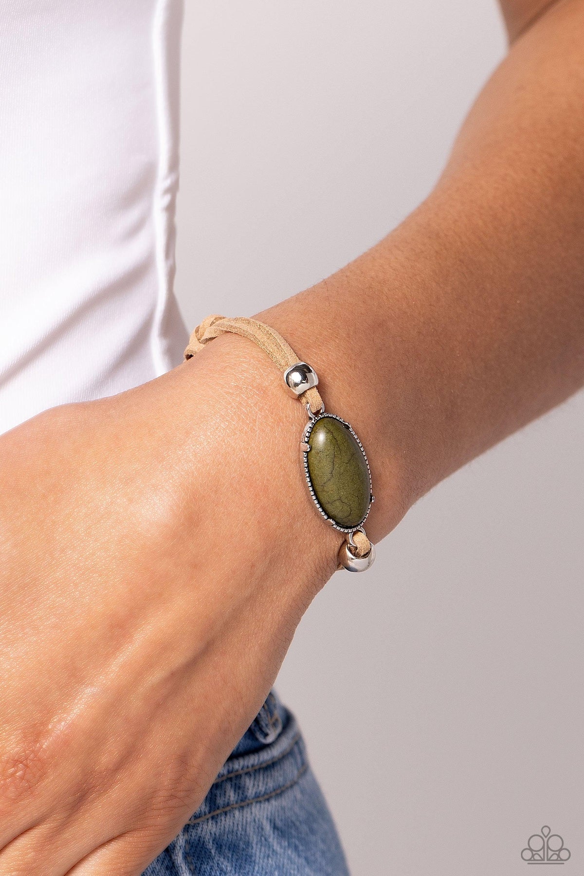 Desertscape Drive Green Stone &amp; Suede Urban Bracelet - Paparazzi Accessories-on model - CarasShop.com - $5 Jewelry by Cara Jewels