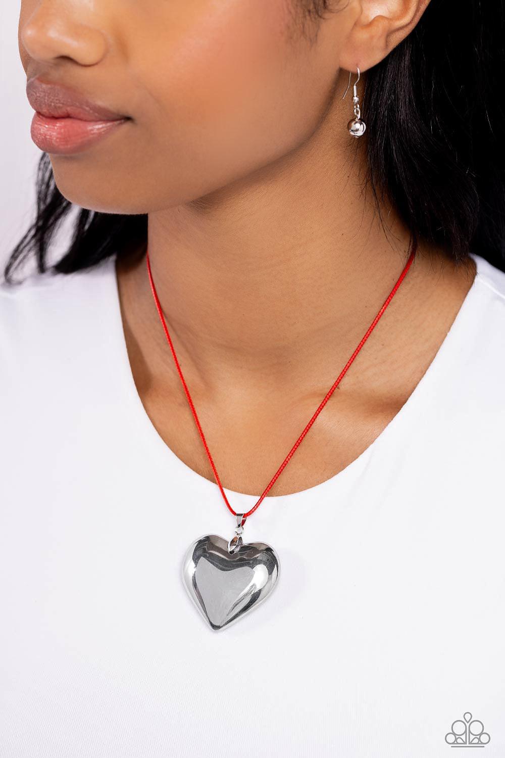 Devoted Daze Red &amp; Silver Heart Necklace - Paparazzi Accessories-on model - CarasShop.com - $5 Jewelry by Cara Jewels
