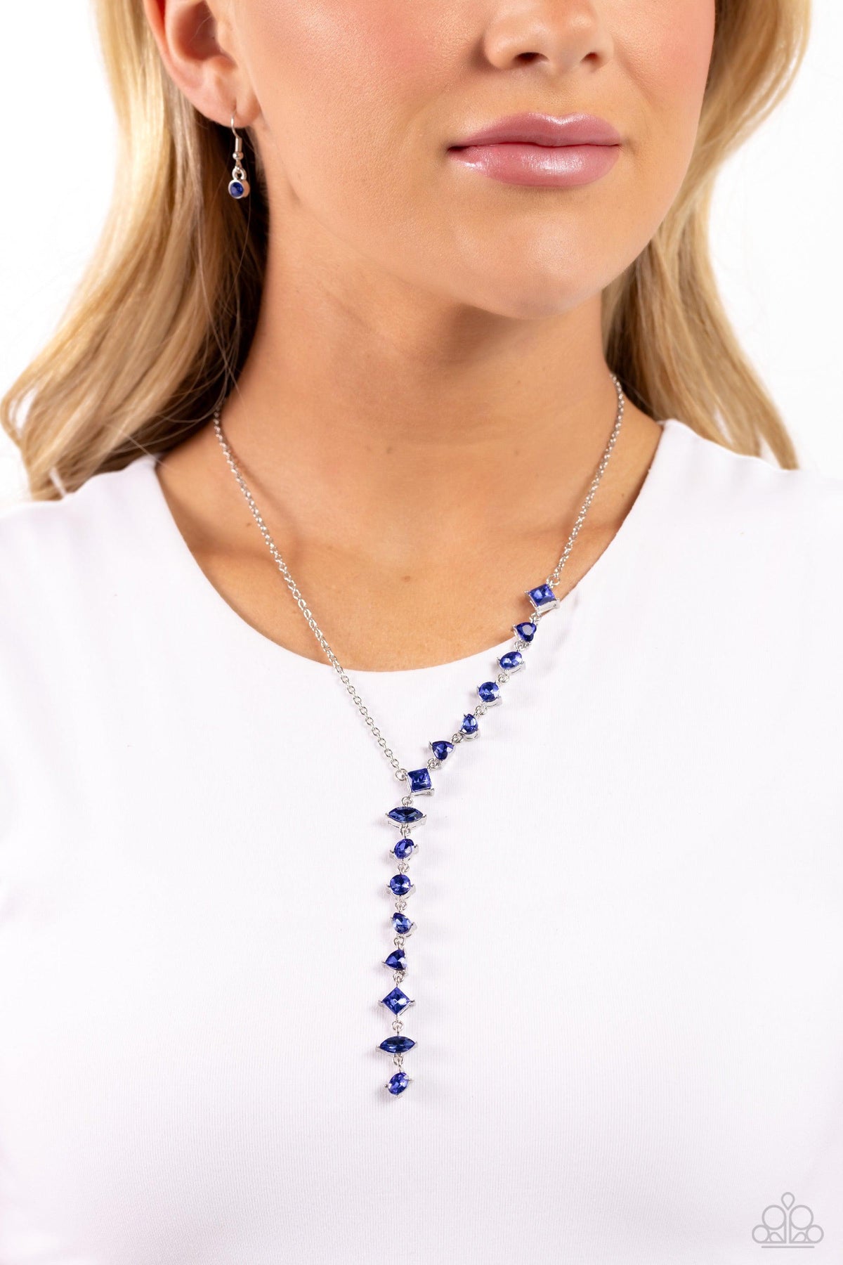 Diagonal Daydream Blue Rhinestone Necklace - Paparazzi Accessories-on model - CarasShop.com - $5 Jewelry by Cara Jewels