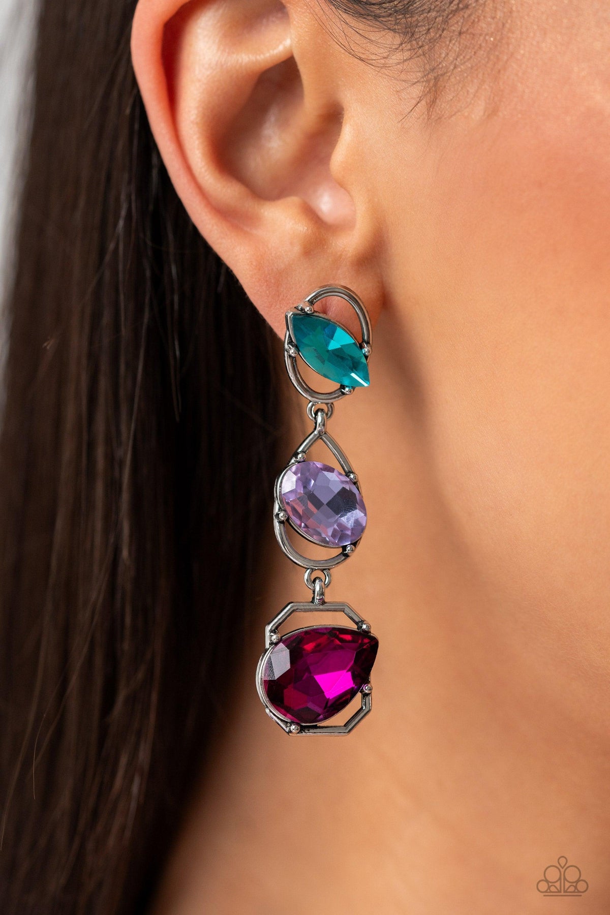 Dimensional Dance Multi Rhinestone Earrings - Paparazzi Accessories-on model - CarasShop.com - $5 Jewelry by Cara Jewels