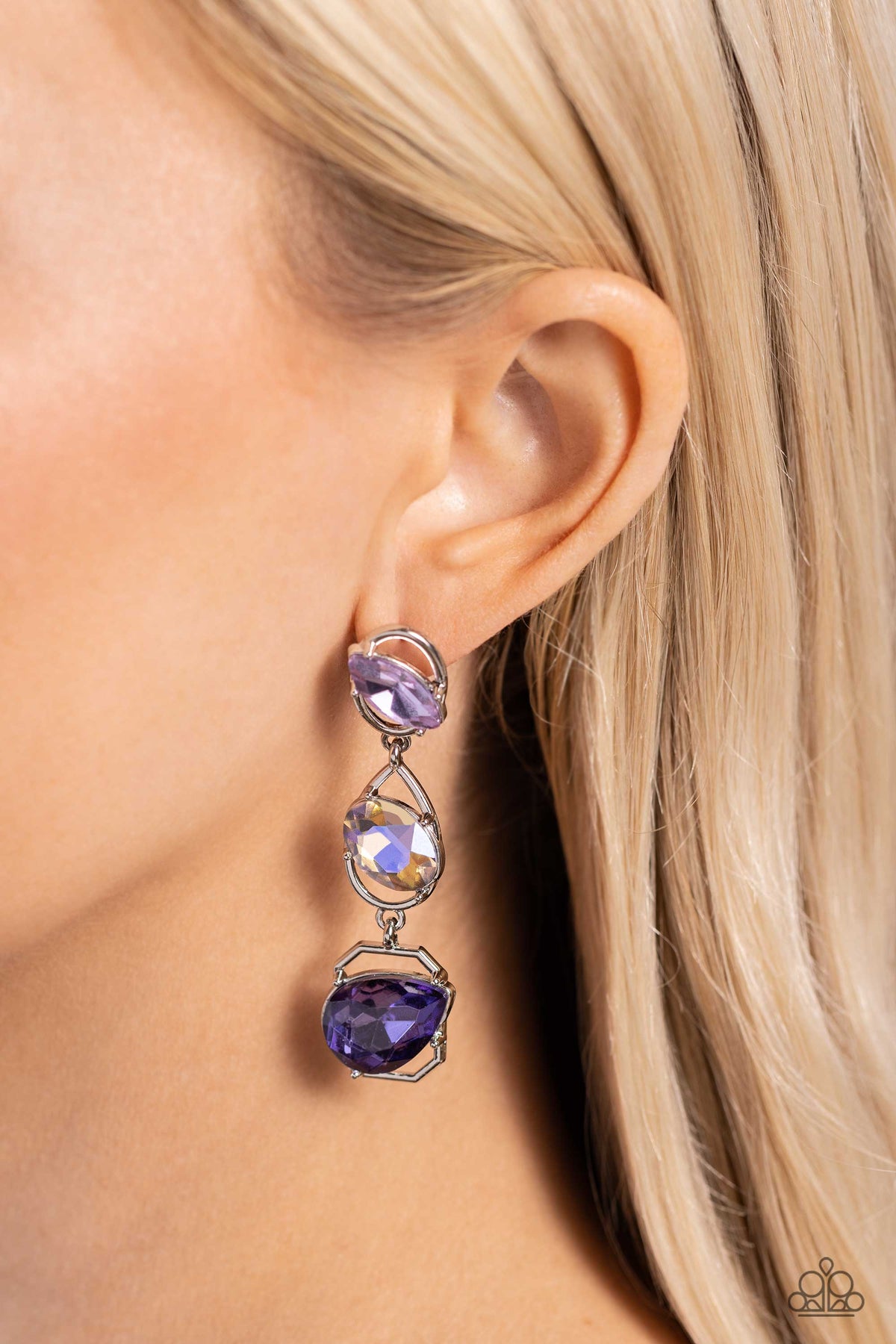 Dimensional Dance Purple Rhinestone Earrings - Paparazzi Accessories-on model - CarasShop.com - $5 Jewelry by Cara Jewels