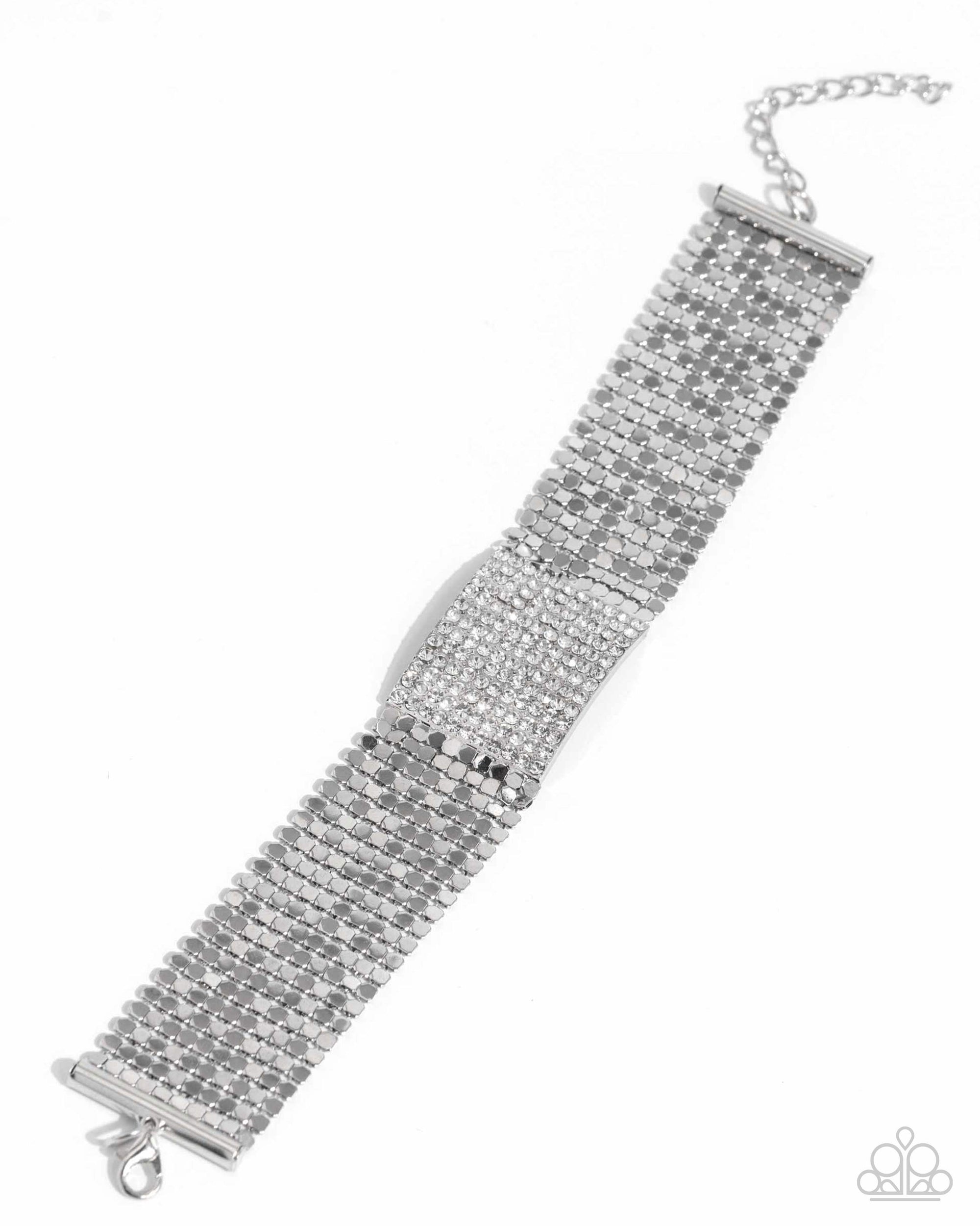 Disco Dame White Rhinestone & Silver Bracelet - Paparazzi Accessories- lightbox - CarasShop.com - $5 Jewelry by Cara Jewels