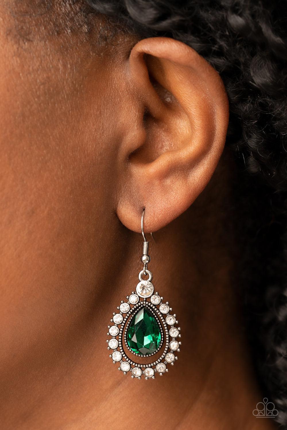 Divinely Duchess Green Rhinestone Earrings - Paparazzi Accessories-on model - CarasShop.com - $5 Jewelry by Cara Jewels