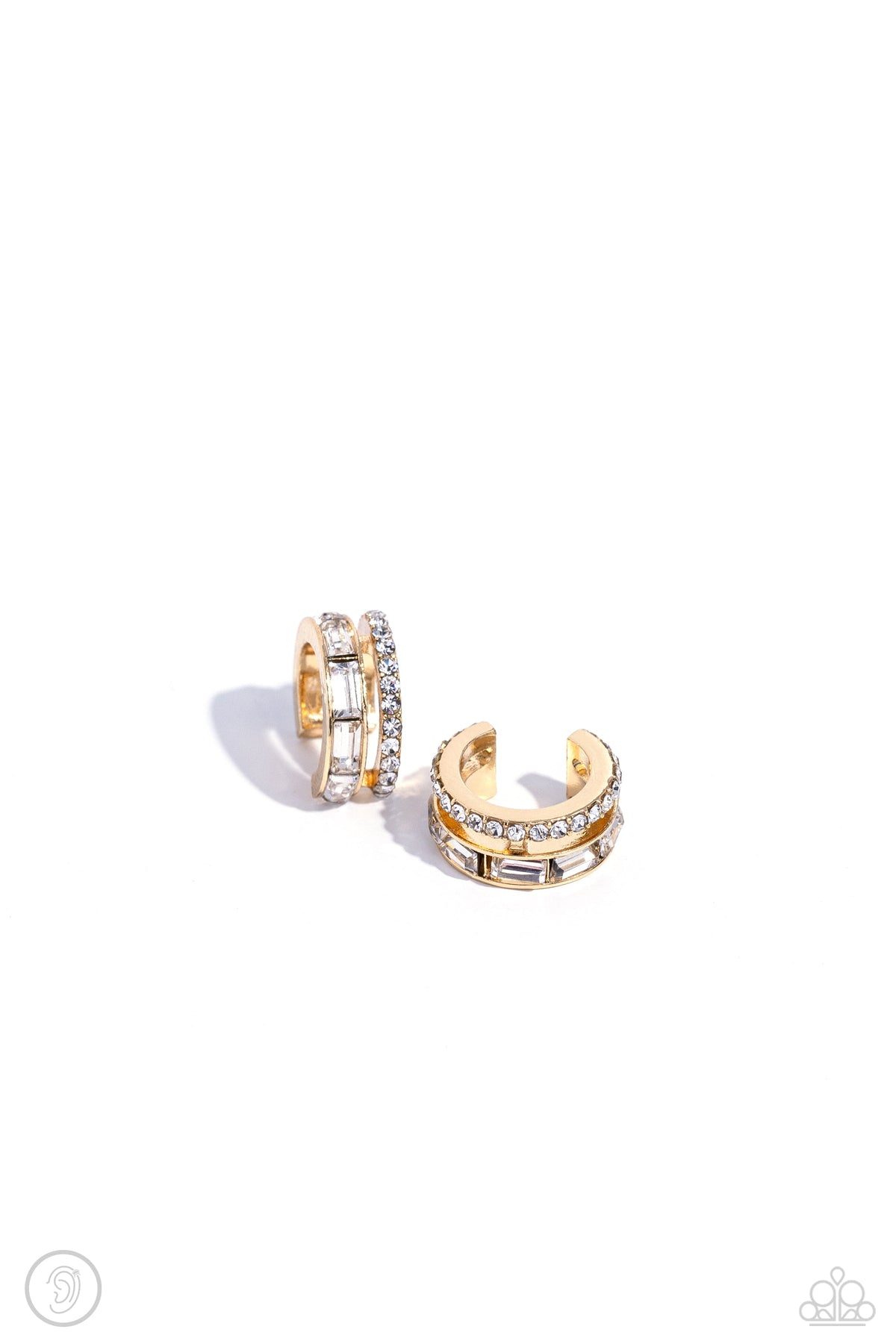 Dont Sweat The Small CUFF Gold &amp; White Rhinestone Cuff Earrings - Paparazzi Accessories- lightbox - CarasShop.com - $5 Jewelry by Cara Jewels