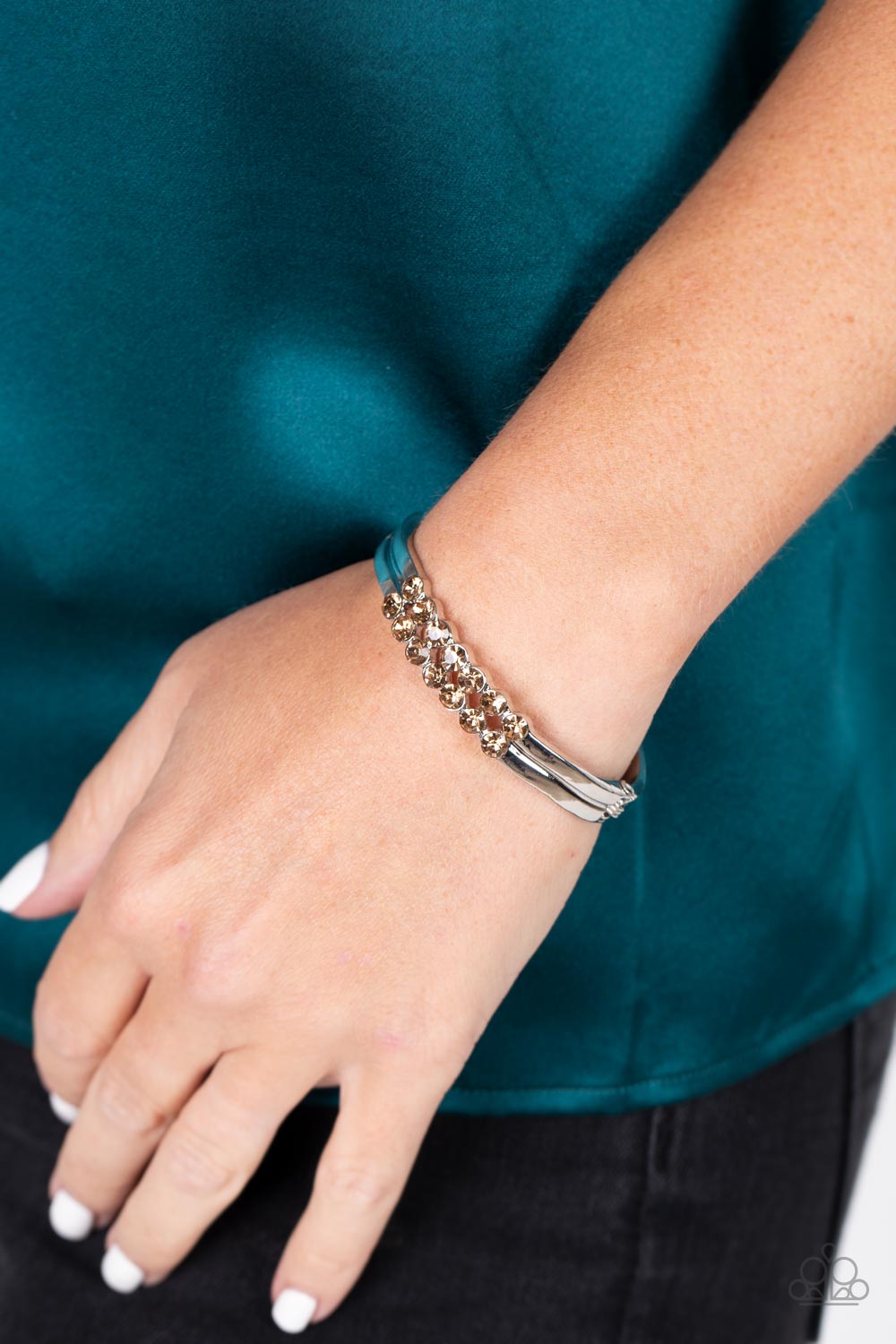 Doubled Down Dazzle Brown Rhinestone Bracelet - Paparazzi Accessories-on model - CarasShop.com - $5 Jewelry by Cara Jewels