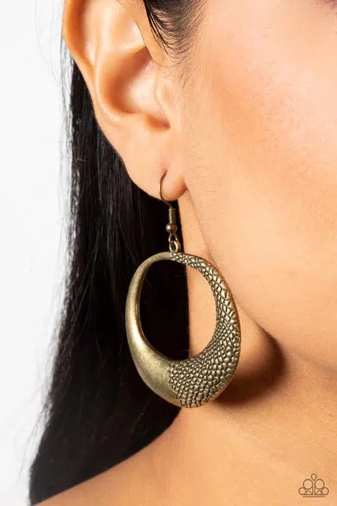 Downtown Jungle Brass Earrings - Paparazzi Accessories- on model - CarasShop.com - $5 Jewelry by Cara Jewels