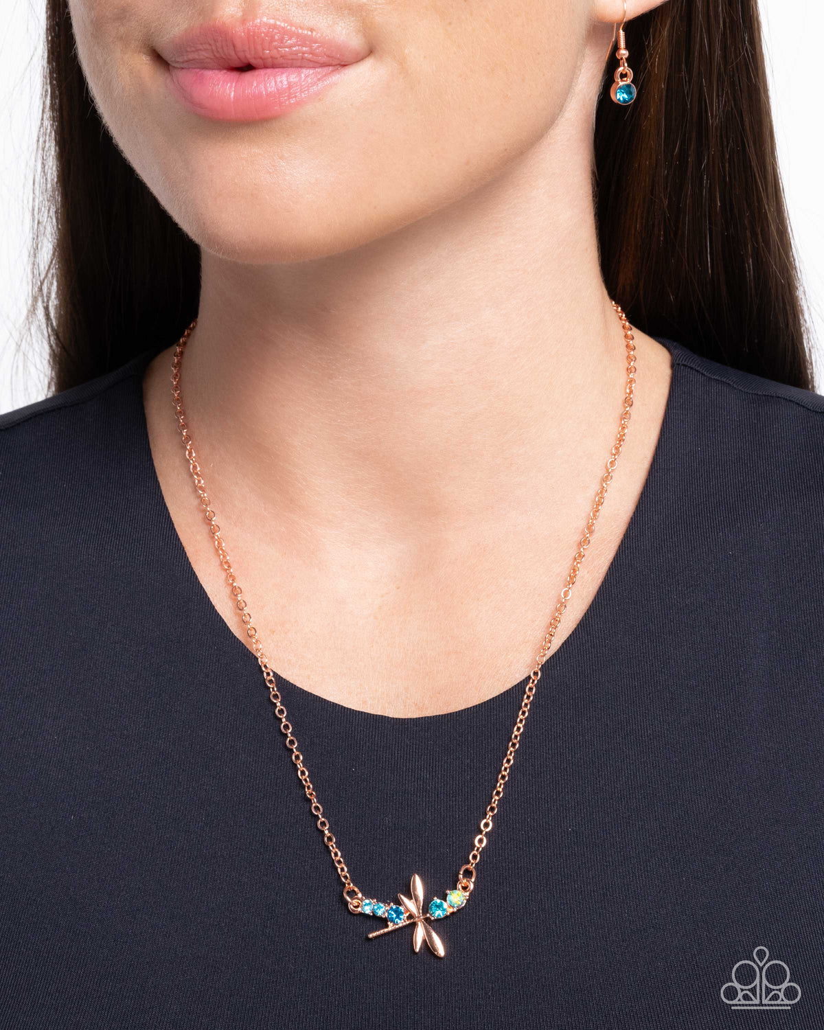 Dragonfly Deed Copper &amp; Blue Rhinestone Necklace - Paparazzi Accessories-on model - CarasShop.com - $5 Jewelry by Cara Jewels