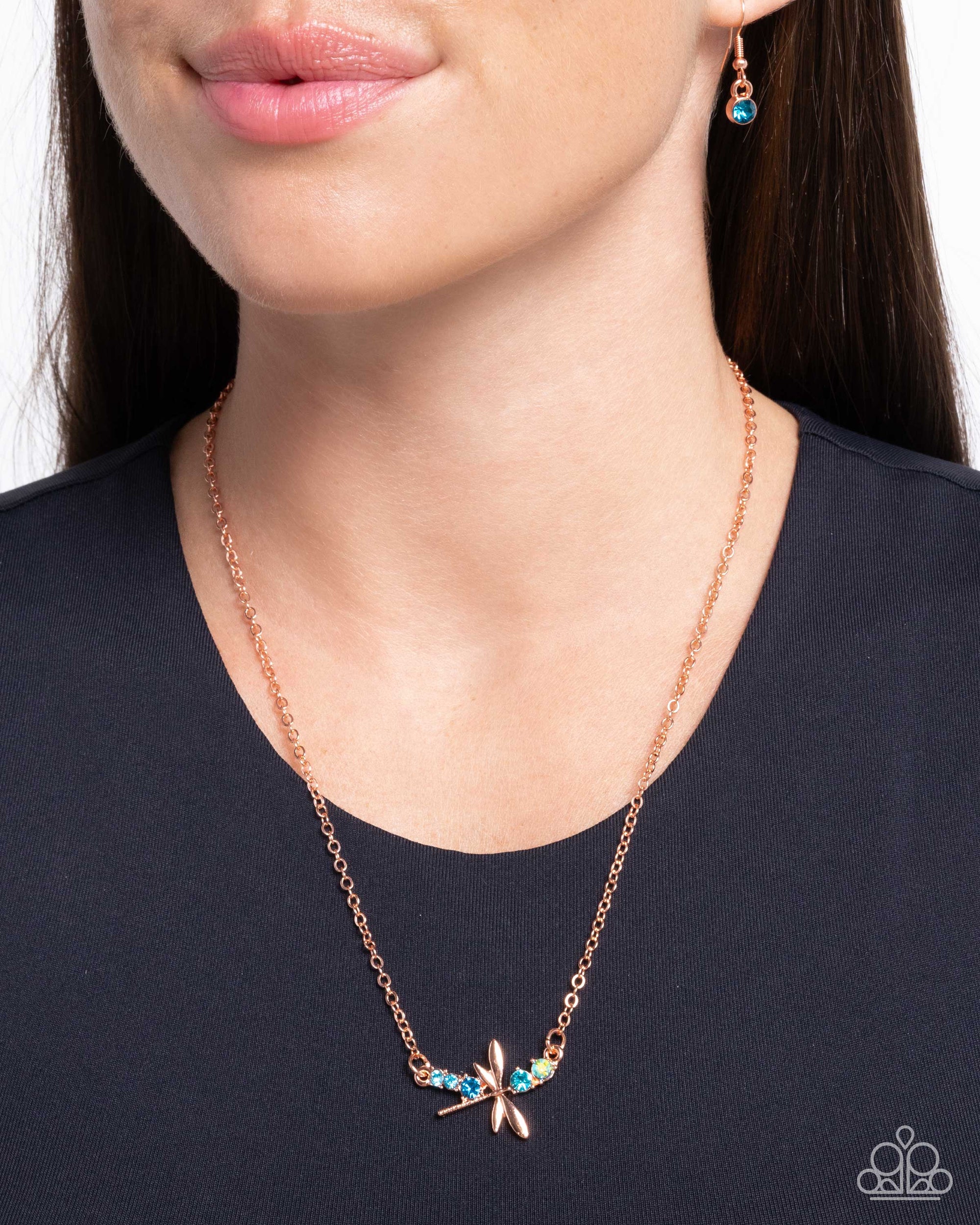 Dragonfly Deed Copper & Blue Rhinestone Necklace - Paparazzi Accessories- lightbox - CarasShop.com - $5 Jewelry by Cara Jewels