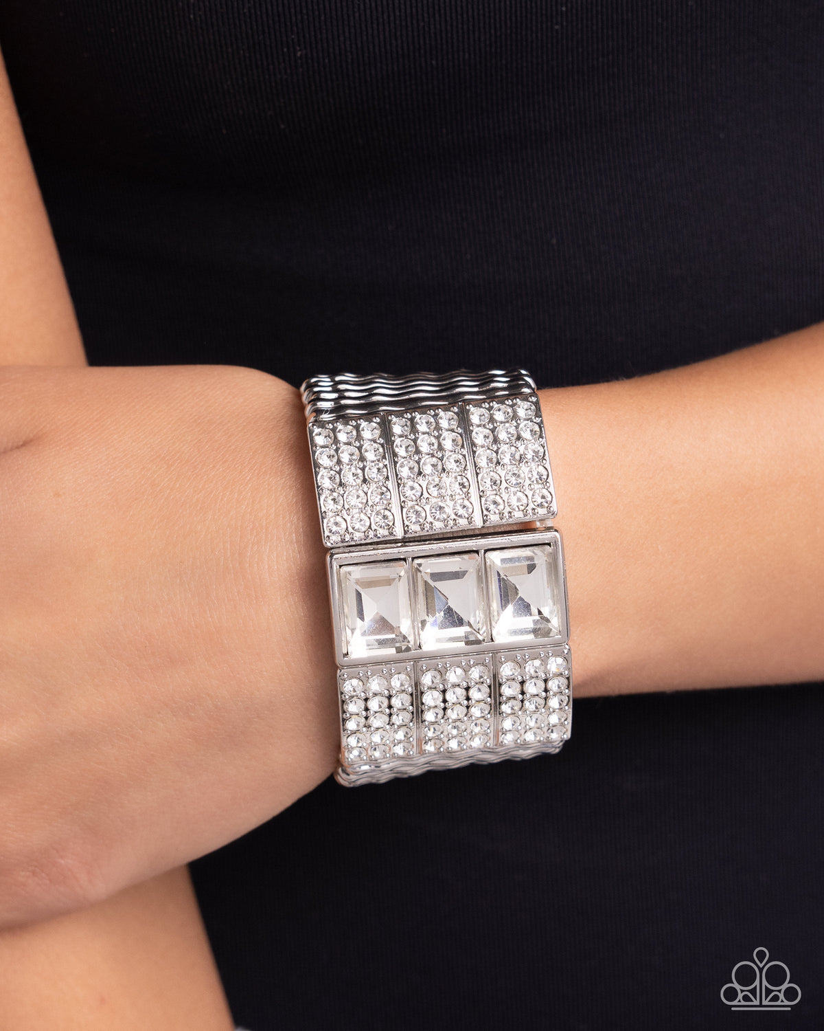 Dramatic Diva White Rhinestone Bracelet - Paparazzi Accessories-on model - CarasShop.com - $5 Jewelry by Cara Jewels