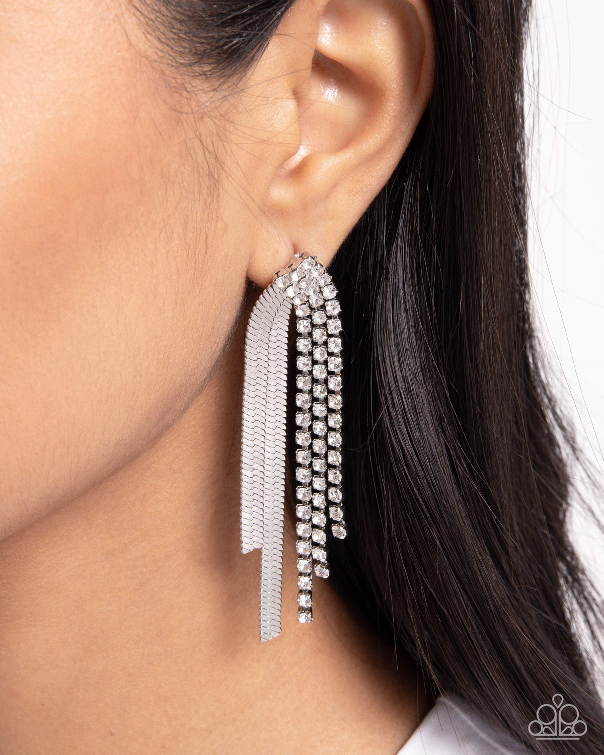 Dramatic Downpour White Rhinestone and Silver Chain Earrings - Paparazzi Accessories-on model - CarasShop.com - $5 Jewelry by Cara Jewels