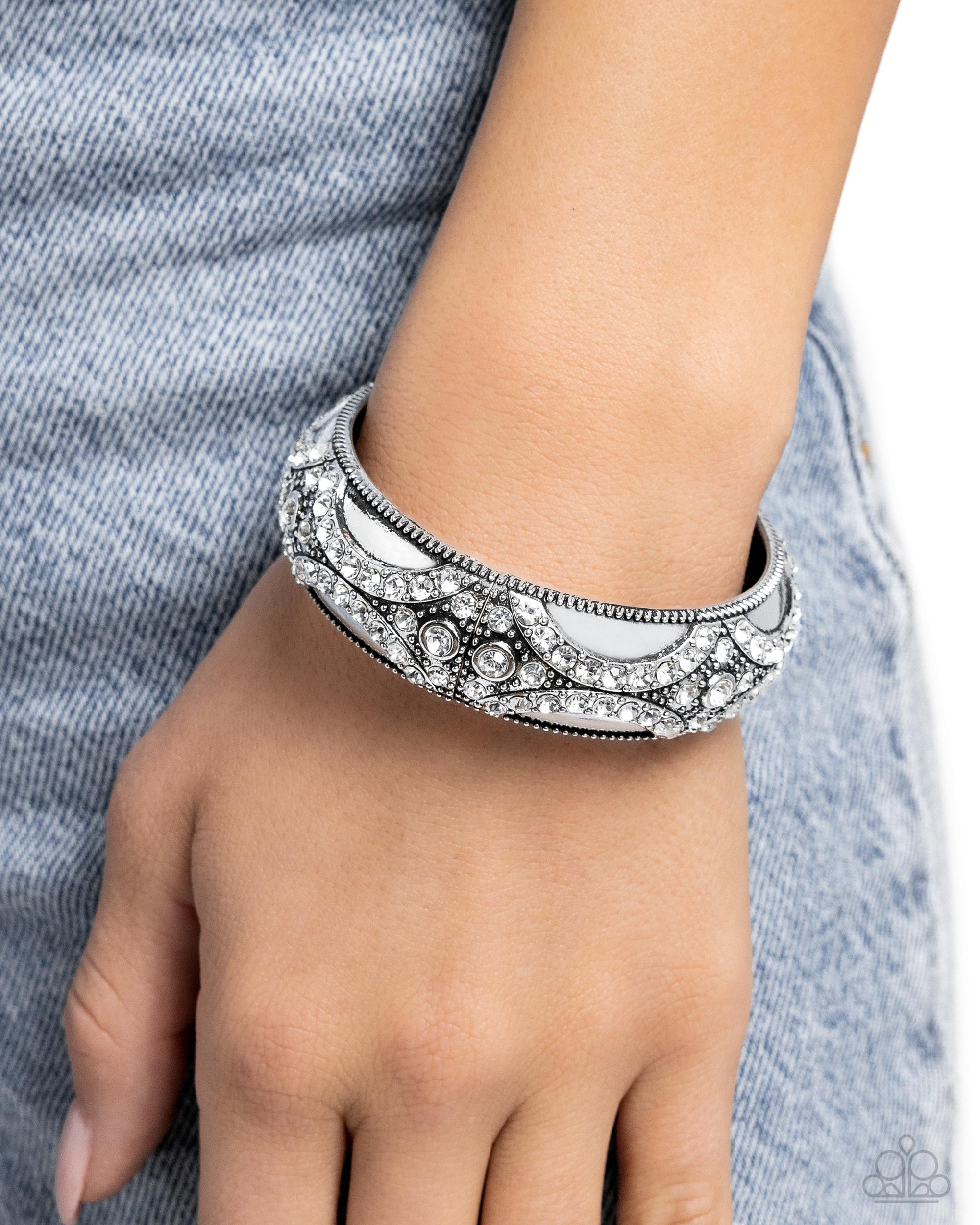 Draped in Decadence White Rhinestone Bracelet - Paparazzi Accessories- lightbox - CarasShop.com - $5 Jewelry by Cara Jewels