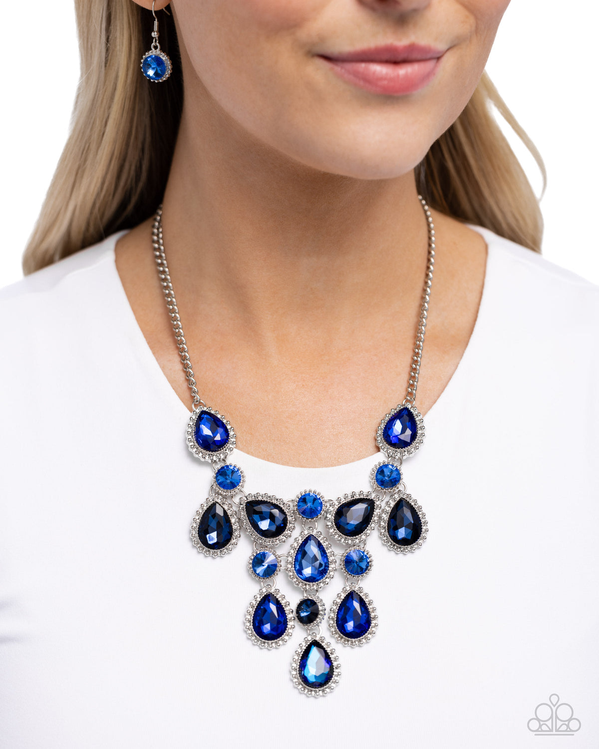 Dripping in Dazzle Blue Rhinestone Necklace - Paparazzi Accessories-on model - CarasShop.com - $5 Jewelry by Cara Jewels