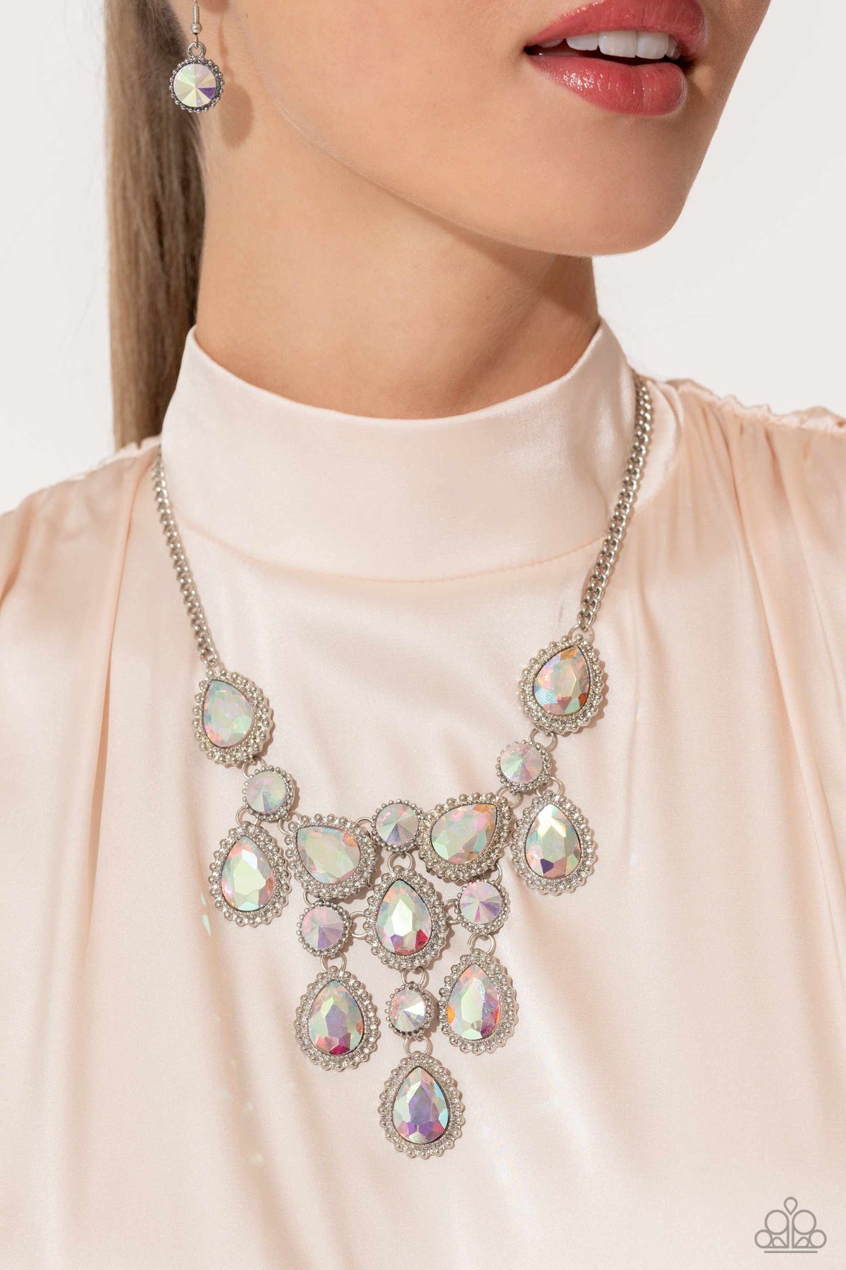 Dripping in Dazzle Multi Iridescent Rhinestone Necklace - Paparazzi Accessories-on model - CarasShop.com - $5 Jewelry by Cara Jewels