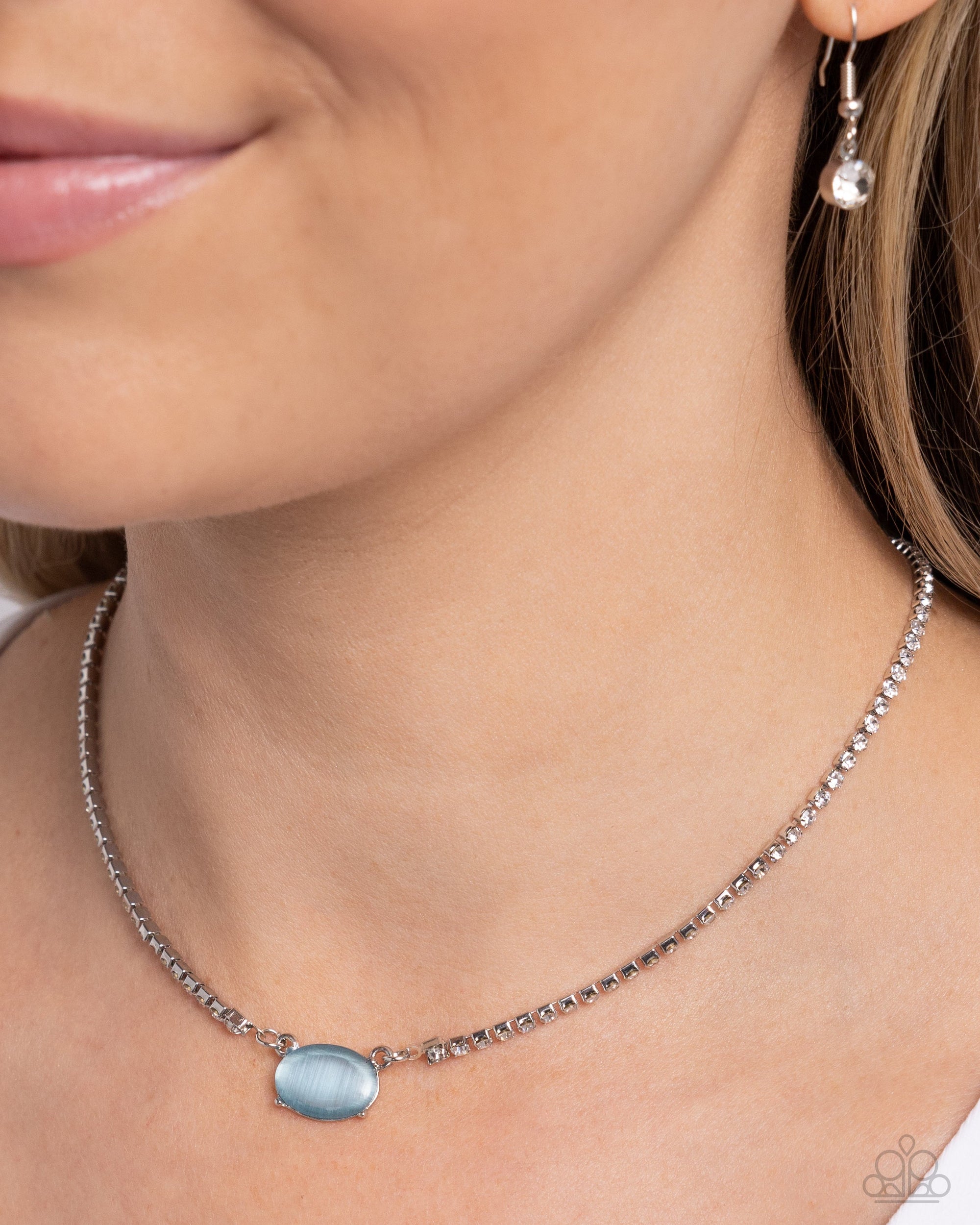 Dynamic Delicacy Blue Cat's Eye & White Rhinestone Necklace - Paparazzi Accessories- lightbox - CarasShop.com - $5 Jewelry by Cara Jewels