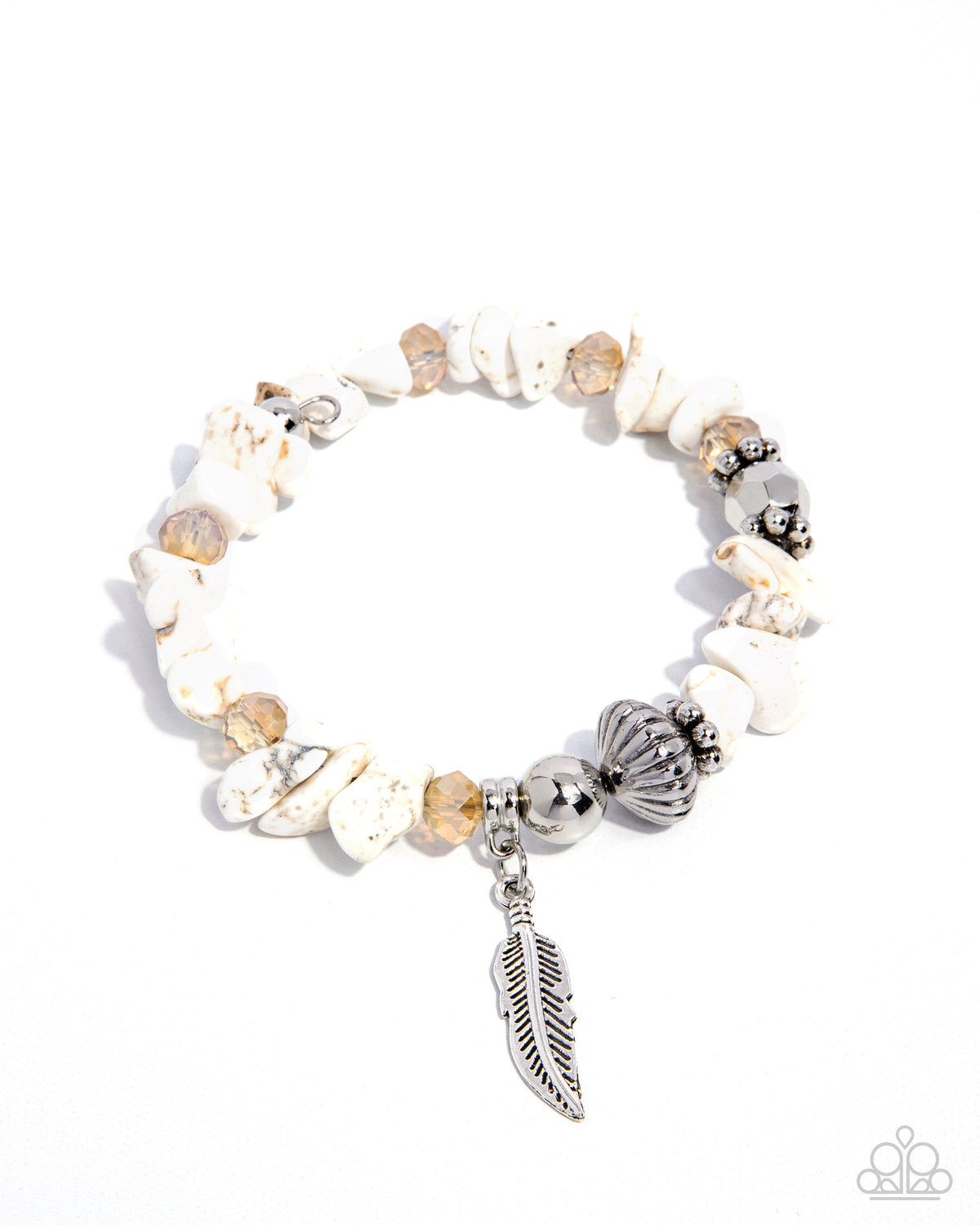 Earthy Earning White Stone &amp; Silver Feather Bracelet - Paparazzi Accessories- lightbox - CarasShop.com - $5 Jewelry by Cara Jewels