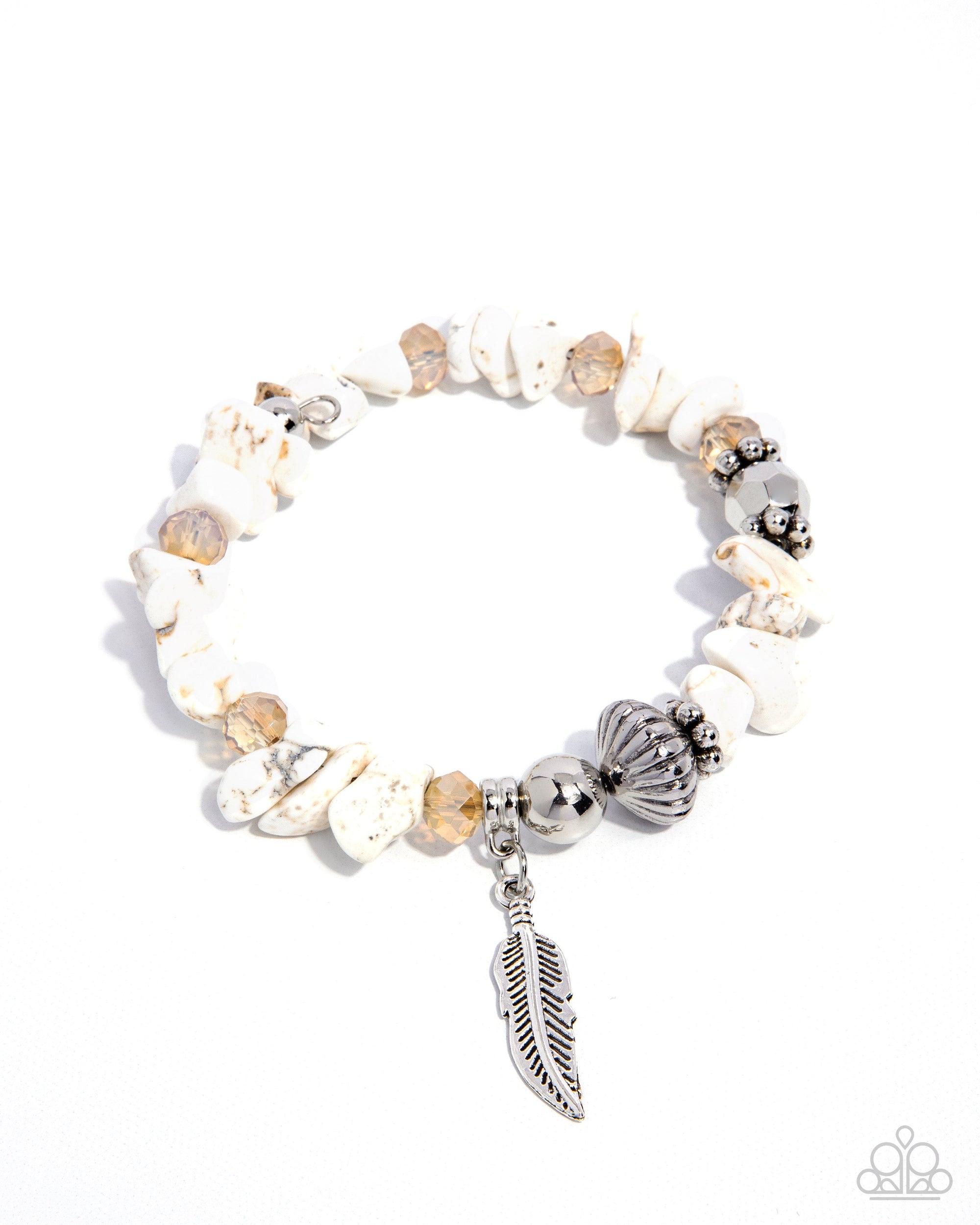 Earthy Earning White Stone & Silver Feather Bracelet - Paparazzi Accessories- lightbox - CarasShop.com - $5 Jewelry by Cara Jewels